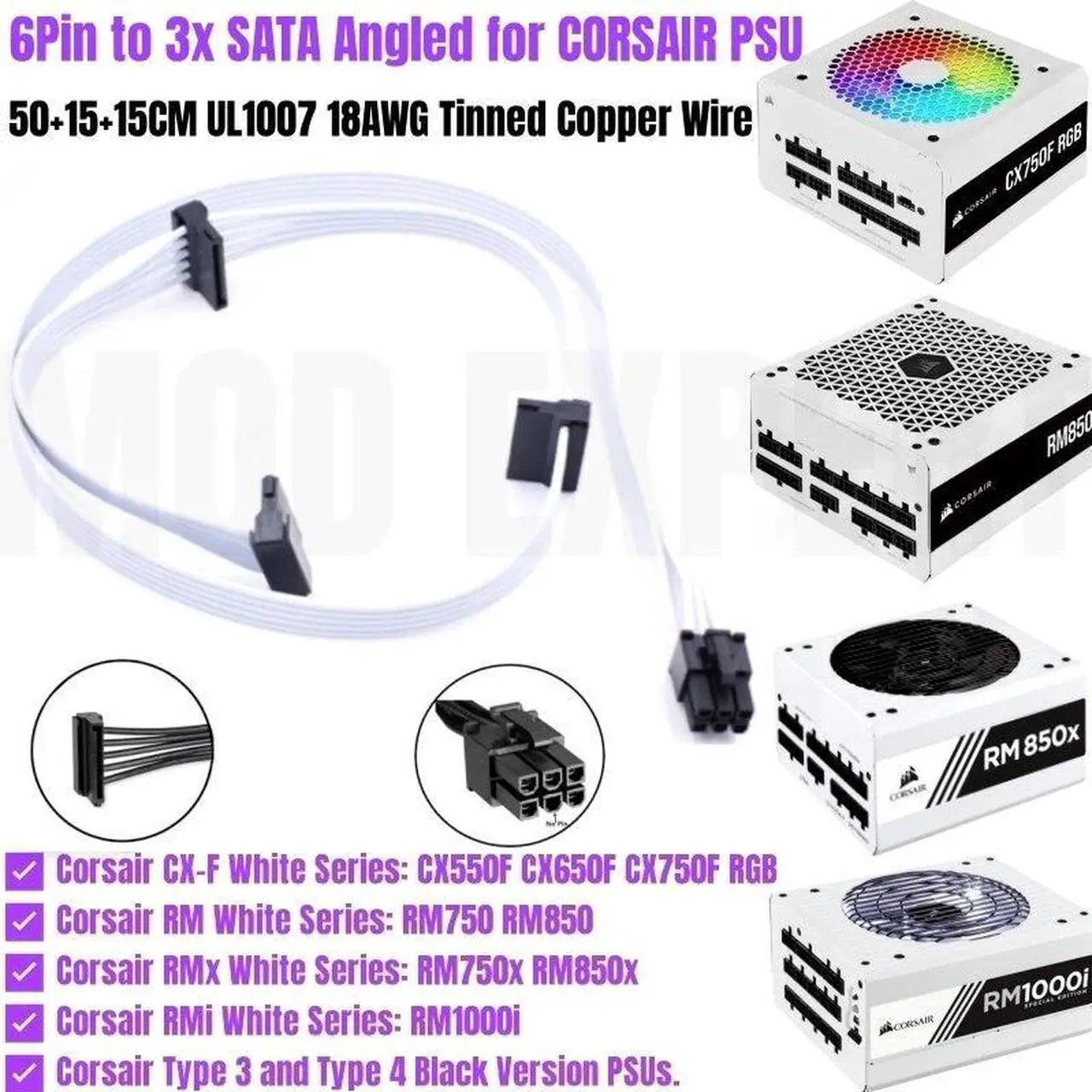 Main image of White 3 SATA for CORSAIR RM750i RM850i RM1000i RM750 RM850 RM750x RM850x CX550F CX650F C750F Modular PSU for HDD SSD Power Cable