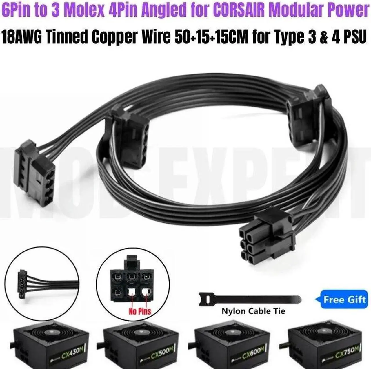 Main image of 6Pin to 3x Molex 4Pin IDE Cooler Fan Power Cable for CORSAIR CX850M, CX750M, CX600M, CX500M, CX450M, CX430M Type 3 Modular PSU