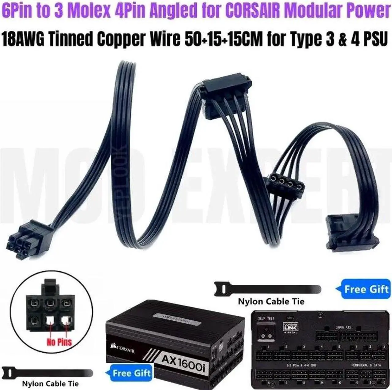 Main image of 6Pin to 3 Molex 4Pin Angled IDE PATA Perif HDD Cooler Fan Power Cable for CORSAIR AX1600i Titanium Type 4 Modular PSU 50+15+15CM