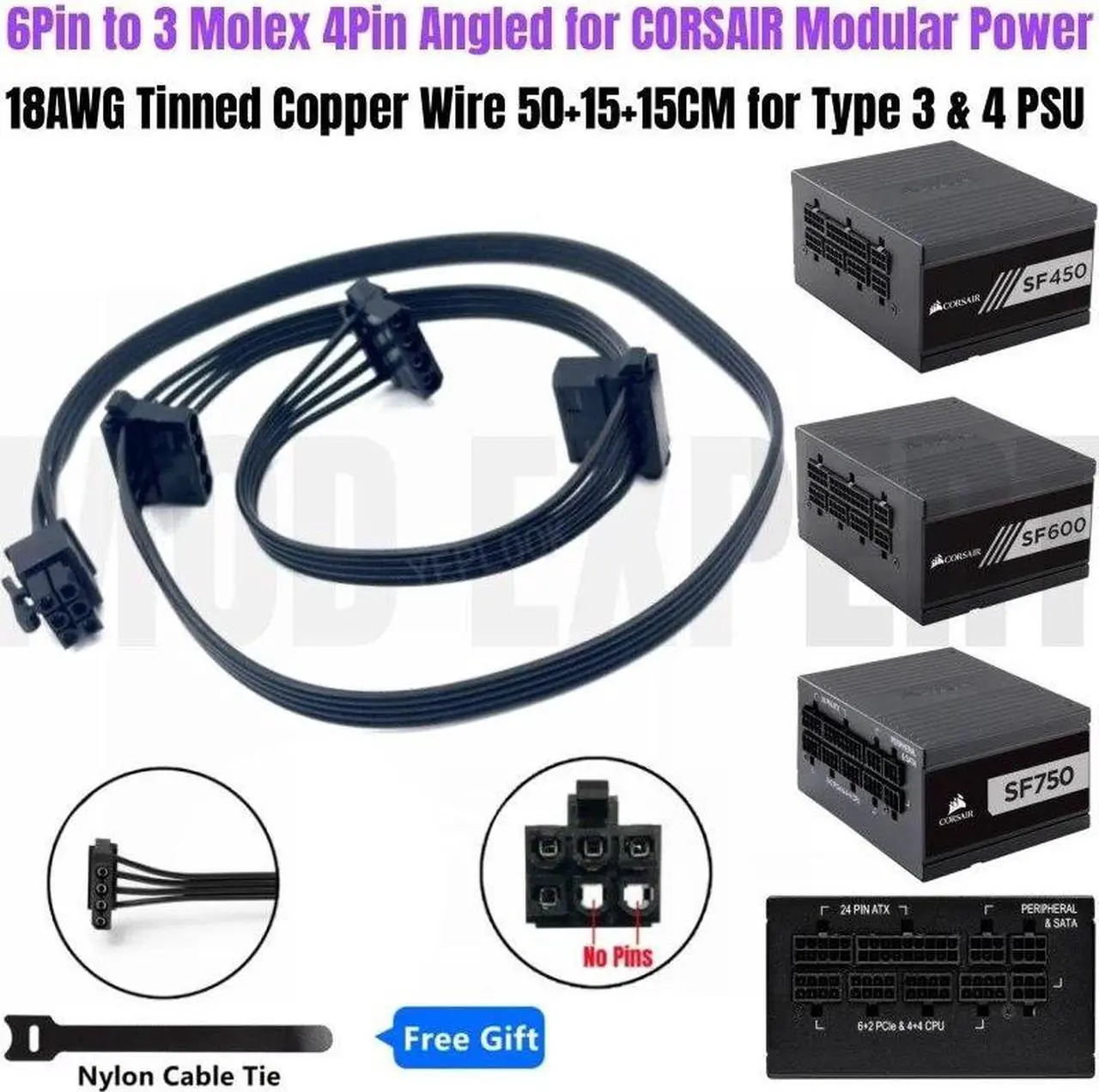 Main image of 6Pin to 3 Molex 4Pin Angled IDE PATA Perif Fan Power Cable for CORSAIR SF700 700W, SF600 600W, SF450 450W Type 4 Modular PSU