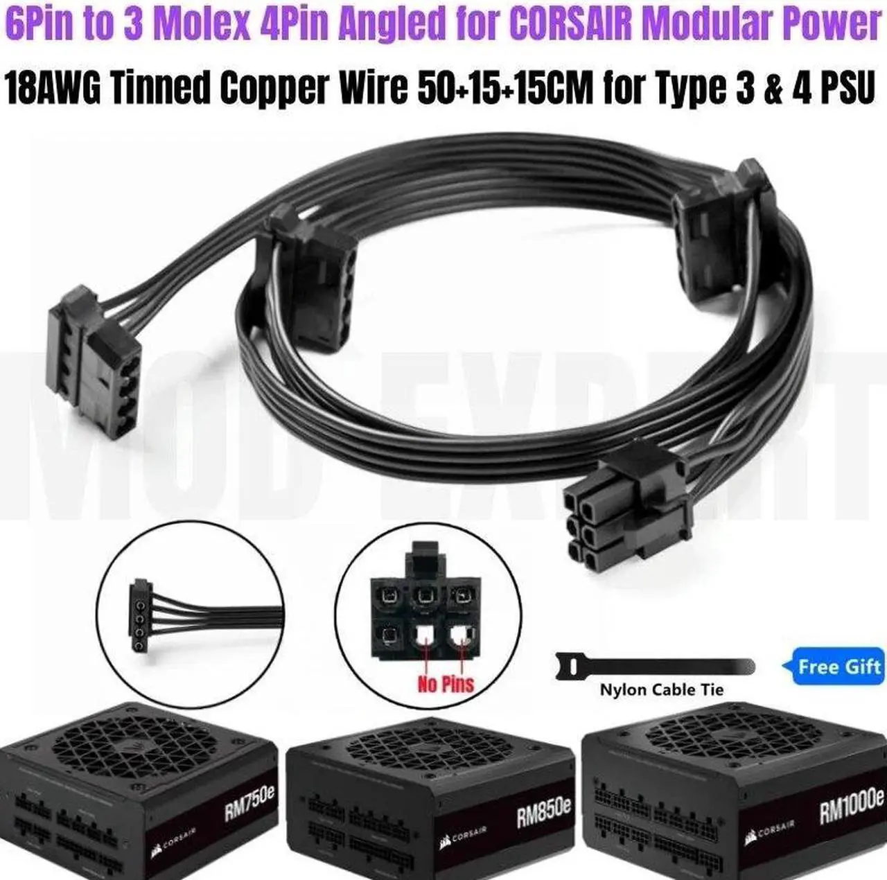 Main image of 6Pin to 3 Molex 4Pin Angled IDE PATA Perif Fan Power Cable for CORSAIR RM550e, RM650e, RM750e, RM850e, RM1000e TYPE4 Modular PSU