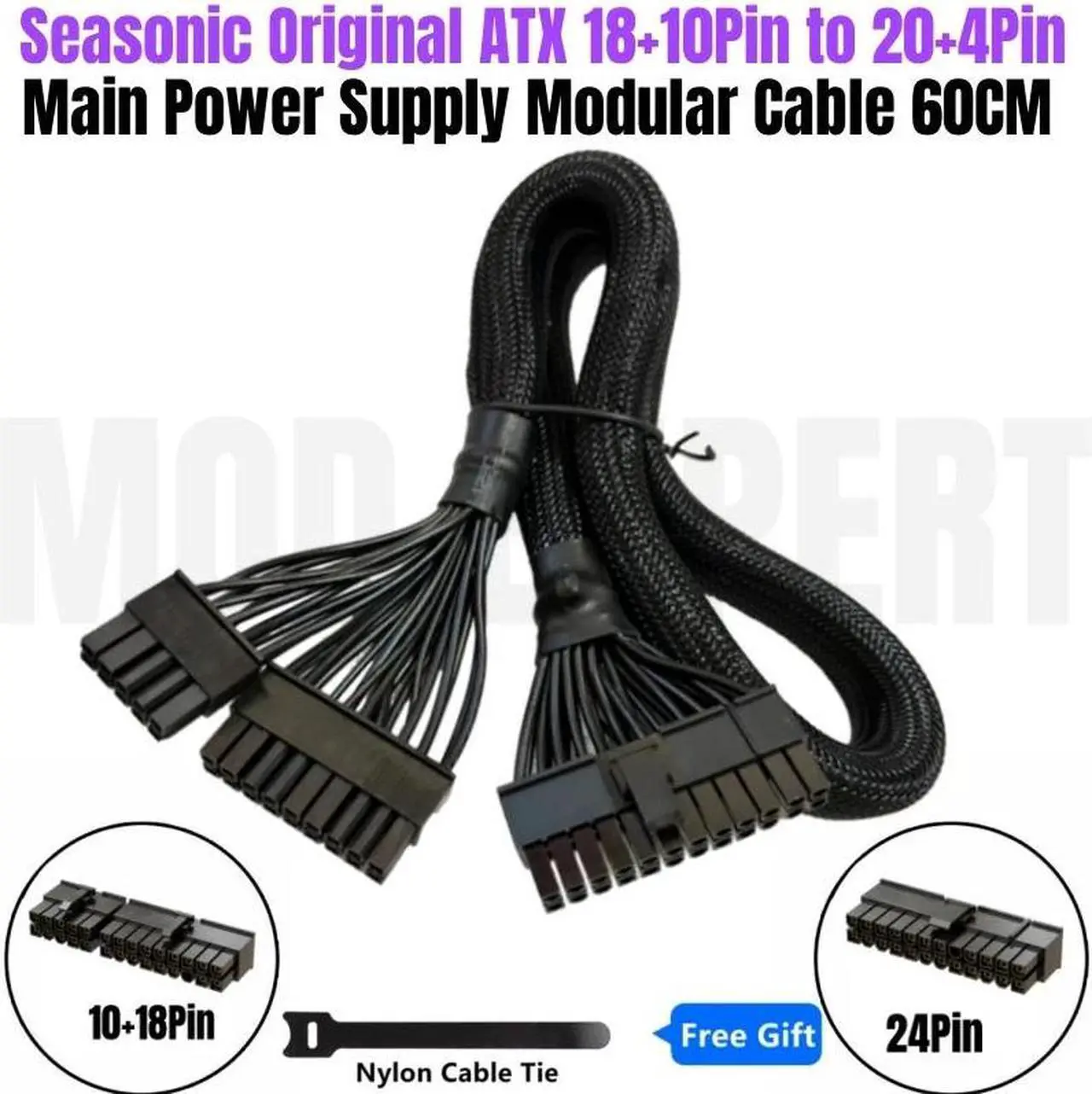 Alt view image 2 of 6 - Original SEASONIC Snow Silent 24Pin ATX Main Power Cable 18+10Pin to 20+4Pin Sleeved Net for 750W 1050W 1250W Modular PSU 60CM