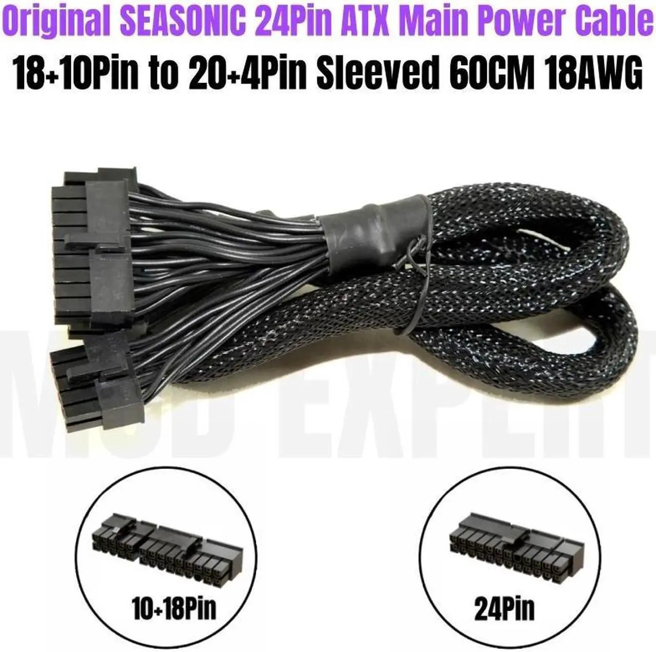 Main image of Original SEASONIC Snow Silent 24Pin ATX Main Power Cable 18+10Pin to 20+4Pin Sleeved Net for 750W 1050W 1250W Modular PSU 60CM