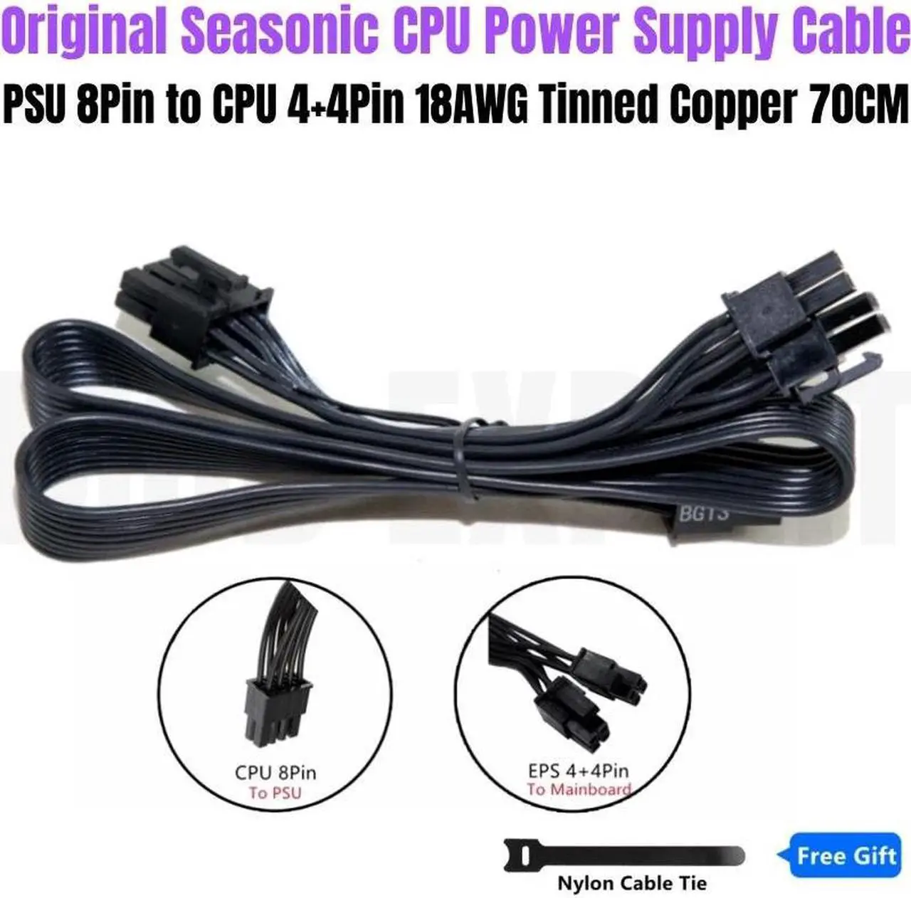 Main image of Original Seasonic CPU Modular Power Cable 8Pin to 4+4Pin 12V Flat Wire for PRIME PX-1600, PX-1300, PX-1200, PX-1000 Platinum PSU