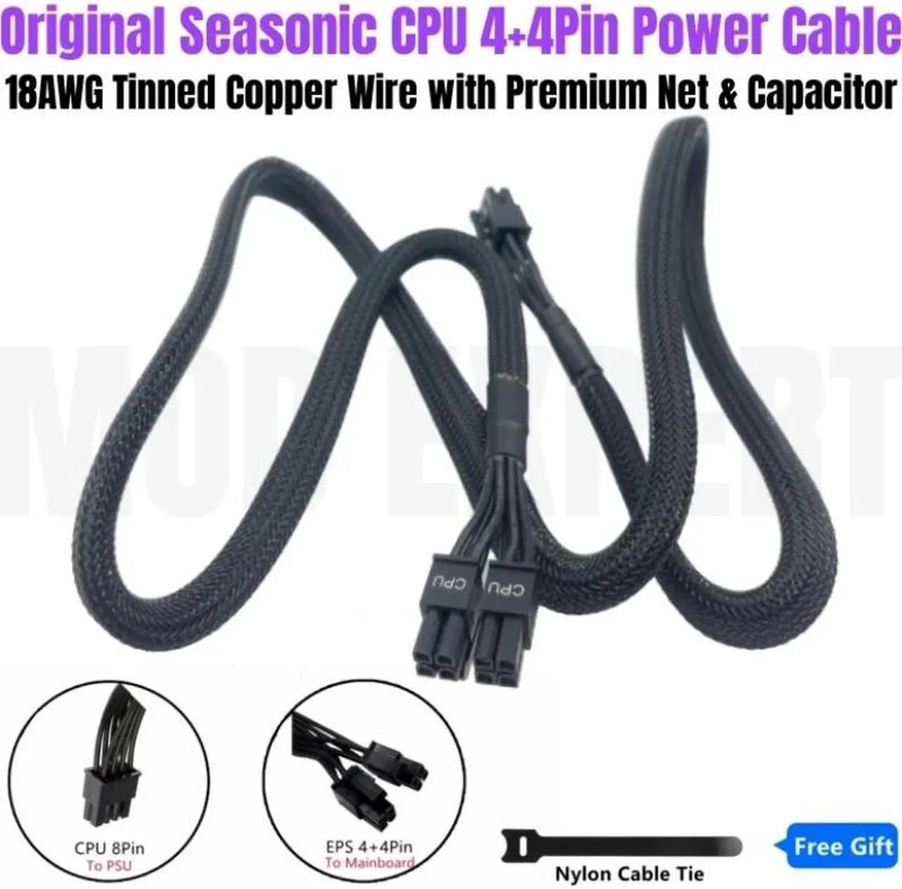 Main image of Genuine Seasonic PRIME Ultra Platinum Modular PSU 8Pin to 4+4Pin Net CPU Power Cable for PX-1000, PX-850, PX-750, PX-650, PX-550