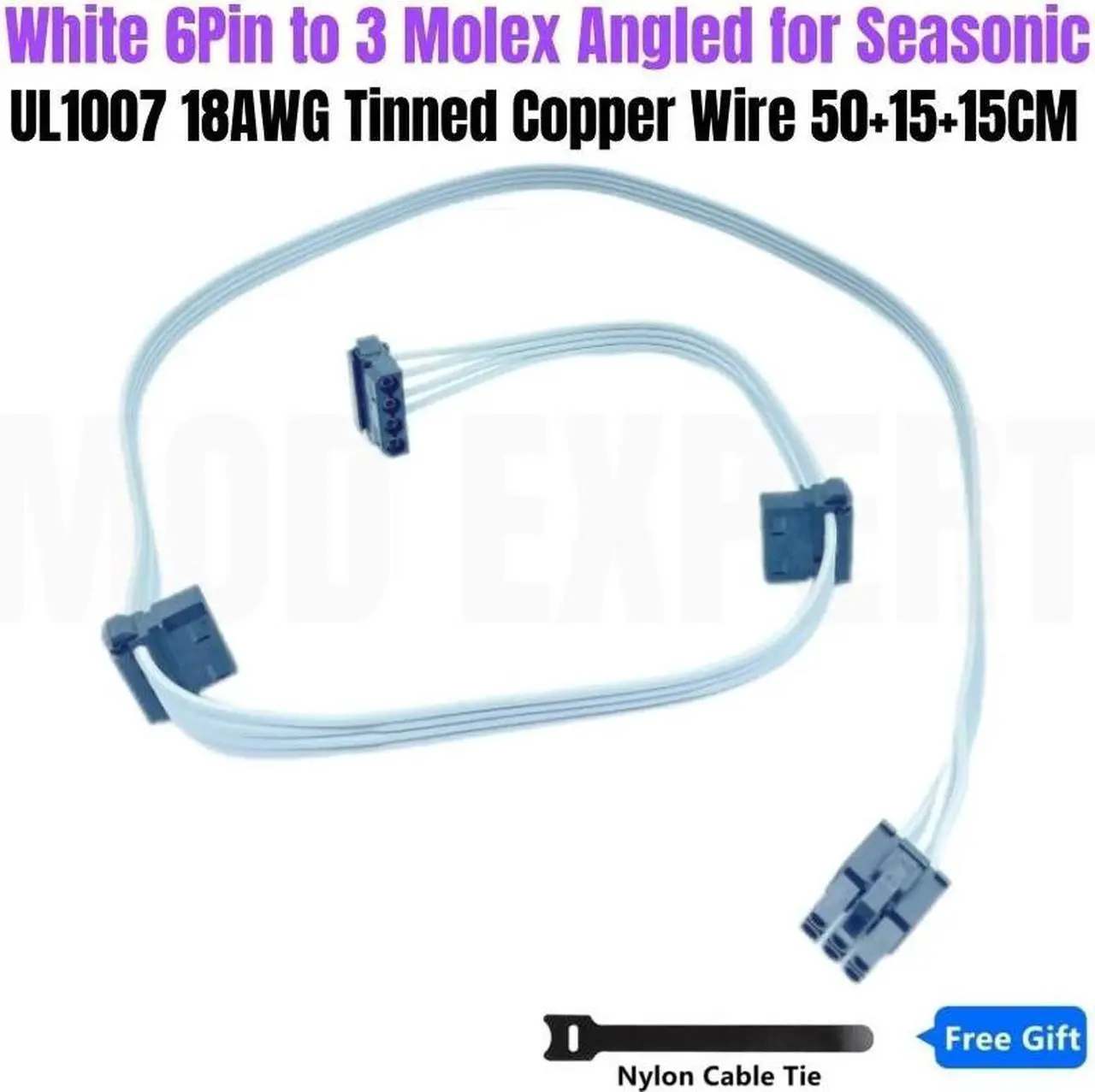 Main image of White 6Pin to 3 Molex IDE 4Pin Angled Case Fan Power Cable for Seasonic VERTEX GX-1200 GX-1000 WHITE EDITION Power Supply Power