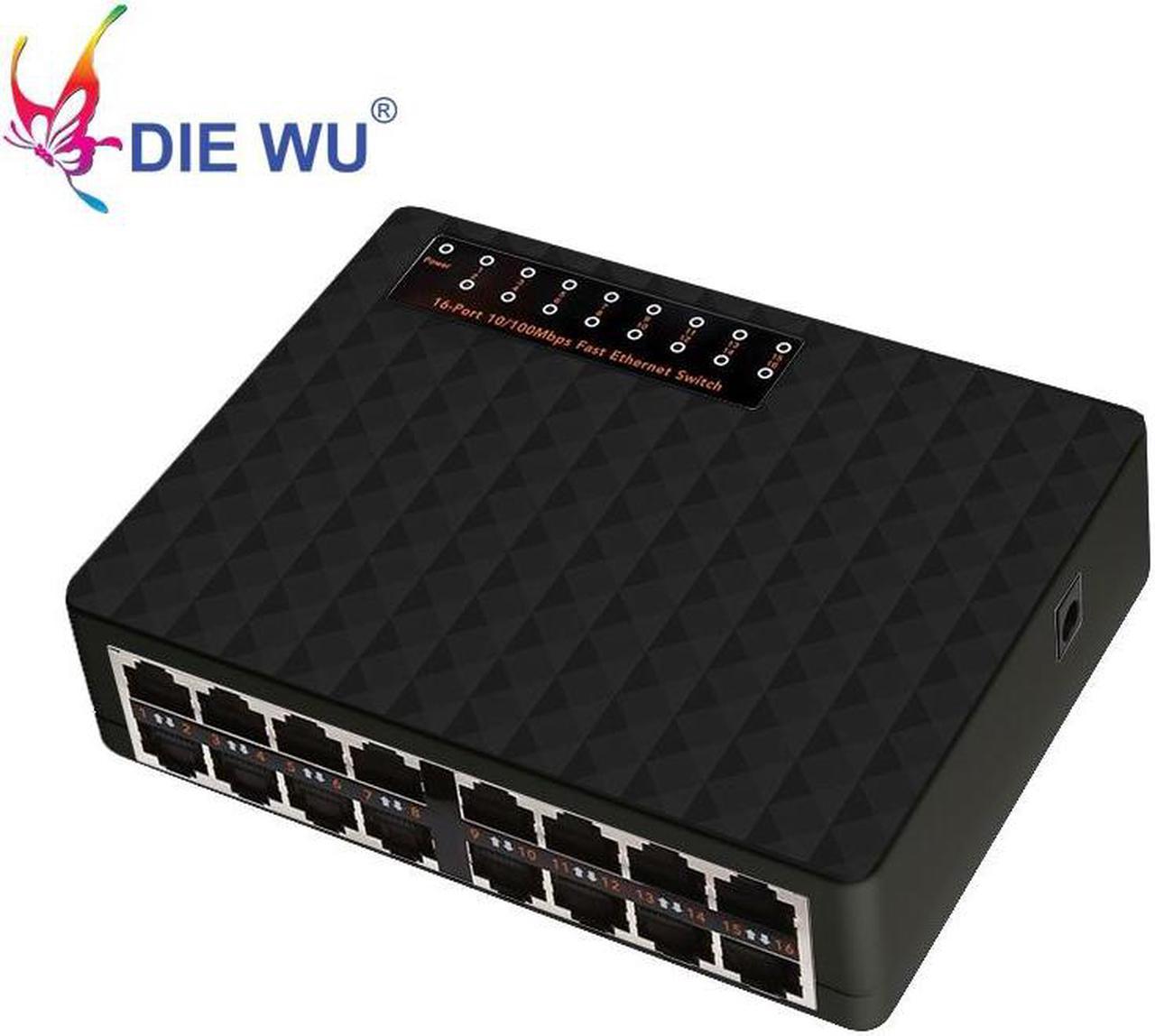 16 Ports Fast Ethernet Switch 10/100Mbps RJ45 Network Switch Switcher Hub for Desktop PC Black color