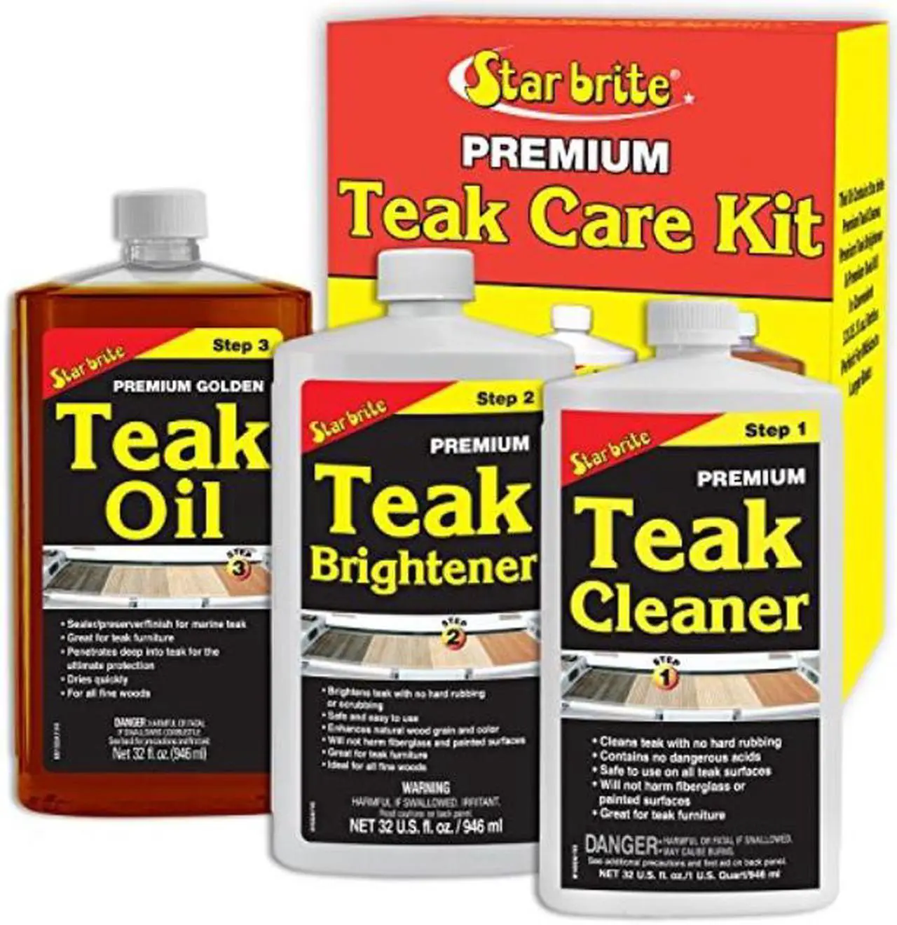 Main image of Star Brite Premium Teak Care Kit - 3 Easy-to-use 32 Oz Products to Restore Beautify & Protect Marine Teak