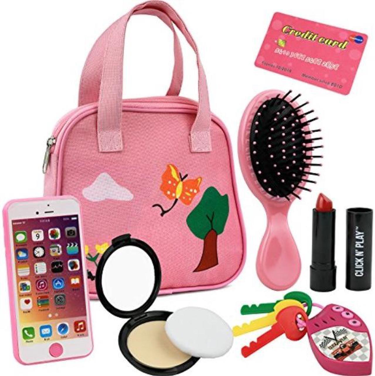Alt view image 3 of 3 - click n' play 8 piece girls pretend play purse,including a smartphone, car keys, credit card, lipstick, lights up and make real life sounds