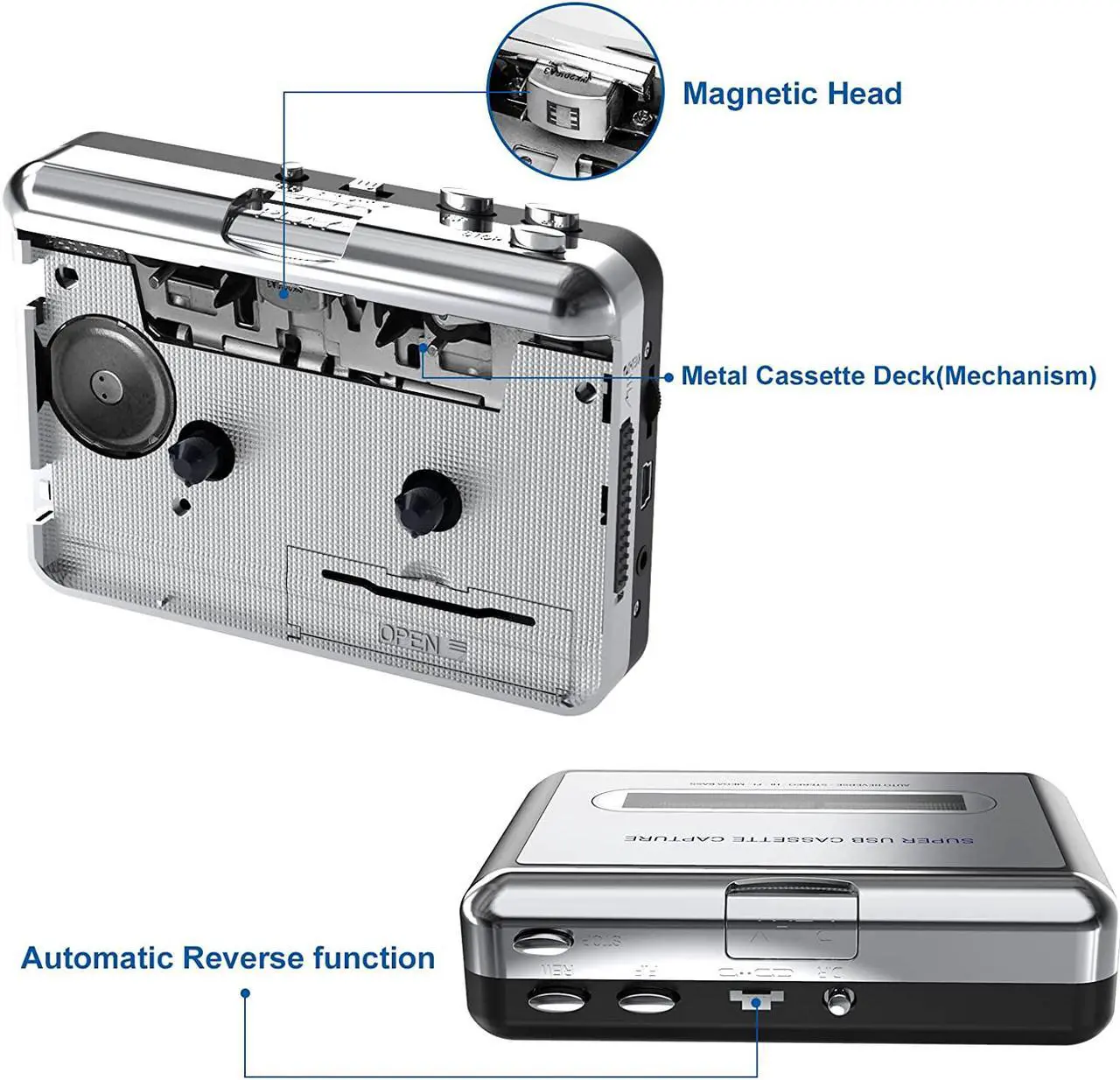 Alt view image 2 of 7 - Cassette Player-Cassette Tape to MP3 CD Converter- Powered by Battery or USB,Convert Walkman Tape Cassette to MP3, Compatible with Laptop and PC, USB Cable,Software CD,3.5mm Jack Earphone