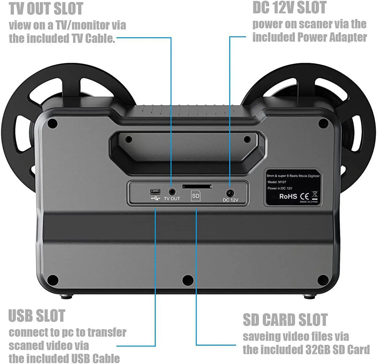 Alt view image 5 of 6 - 8mm & Super 8 Reels to Digital MovieMaker Film Sanner Converter, Pro Film Digitizer Machine with 2.4" LCD, Black (Convert 3 inch and 5 inch 8mm Super 8 Film reels into Digital) with 32 GB SD Card