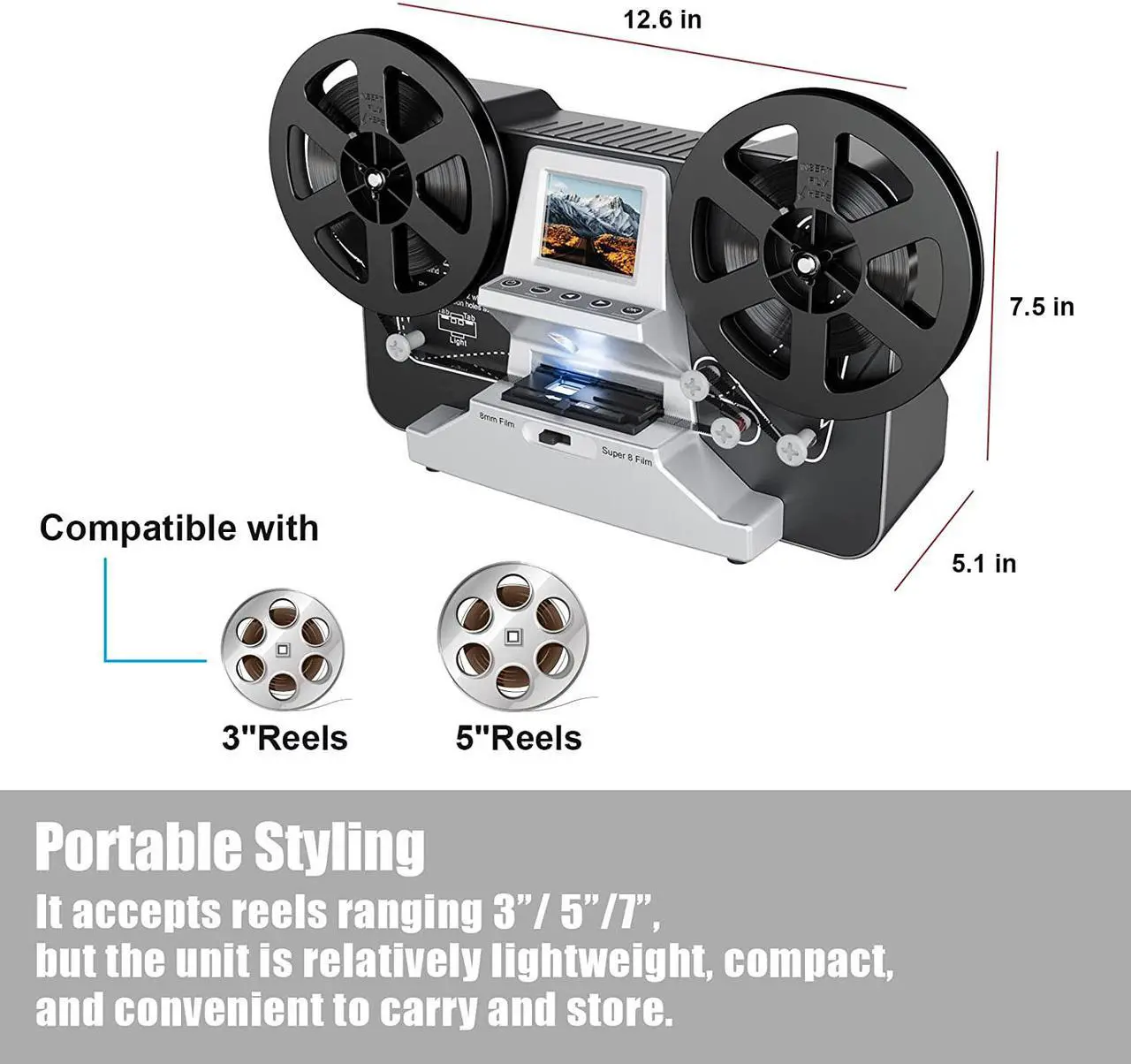 Alt view image 4 of 6 - 8mm & Super 8 Reels to Digital MovieMaker Film Sanner Converter, Pro Film Digitizer Machine with 2.4" LCD, Black (Convert 3 inch and 5 inch 8mm Super 8 Film reels into Digital) with 32 GB SD Card