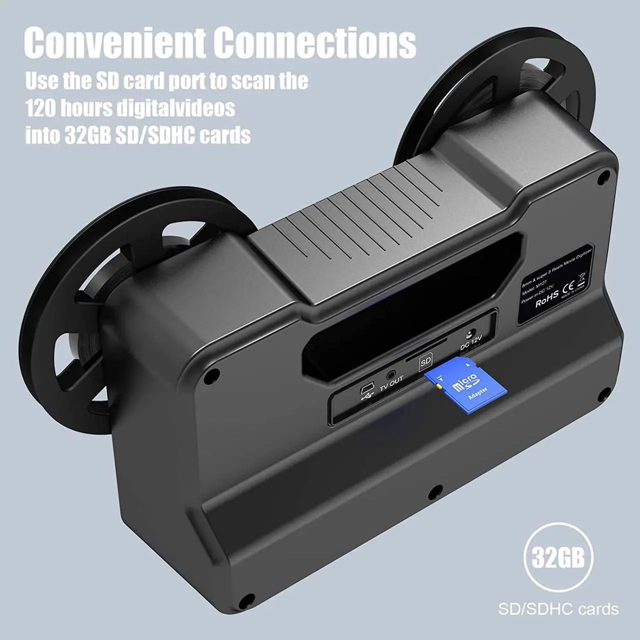 Alt view image 3 of 6 - 8mm & Super 8 Reels to Digital MovieMaker Film Sanner Converter, Pro Film Digitizer Machine with 2.4" LCD, Black (Convert 3 inch and 5 inch 8mm Super 8 Film reels into Digital) with 32 GB SD Card