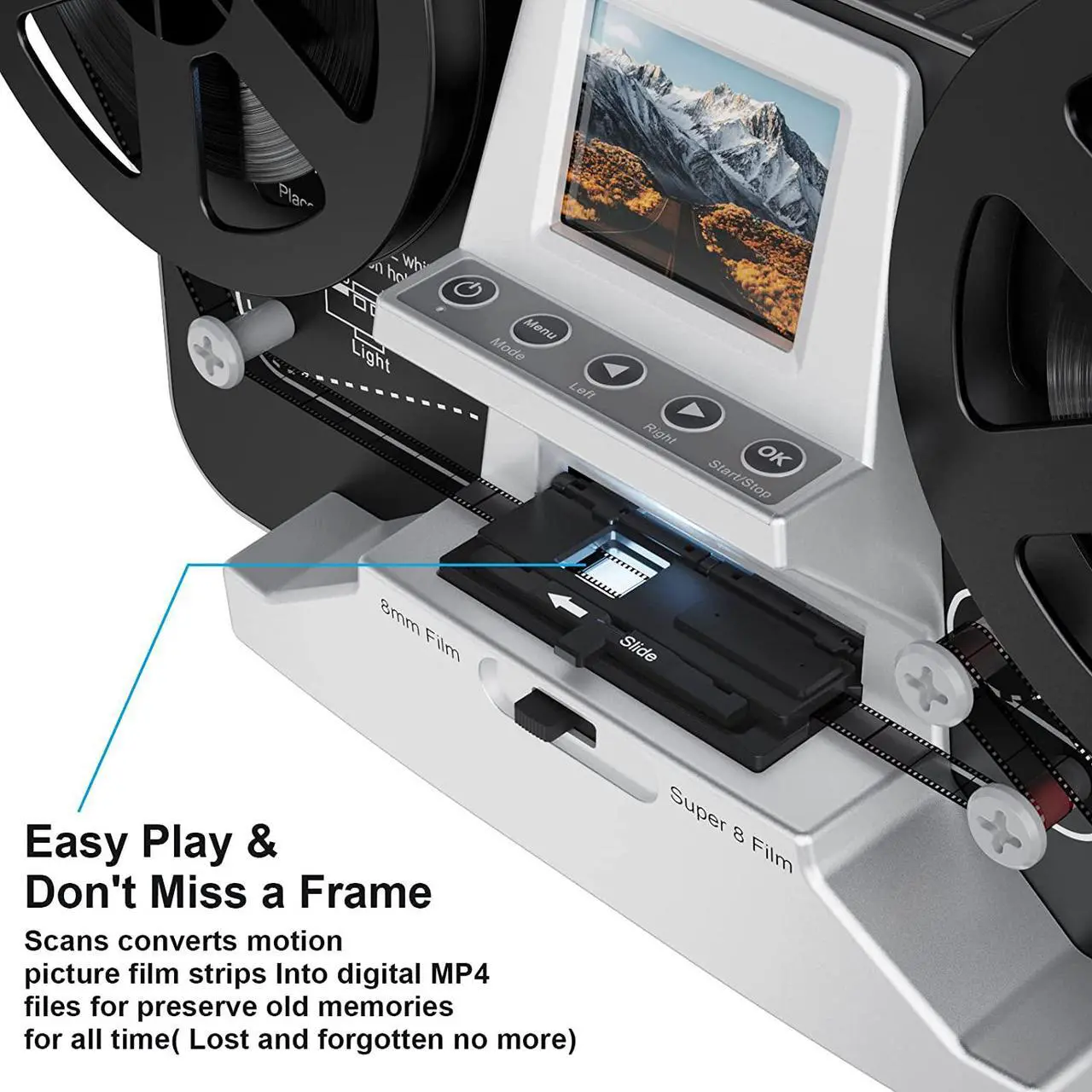 Alt view image 2 of 6 - 8mm & Super 8 Reels to Digital MovieMaker Film Sanner Converter, Pro Film Digitizer Machine with 2.4" LCD, Black (Convert 3 inch and 5 inch 8mm Super 8 Film reels into Digital) with 32 GB SD Card