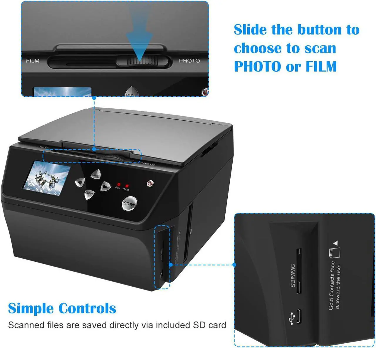 Alt view image 4 of 6 - 22MP Film &Slide Photo Multi-Function Scanner, Converts 135Film/35mm,110Film/16mmNegatives/Slide/Photo/Document/Business Card to HD 22MP Digital JPG Files, 8GB Memory Card Included