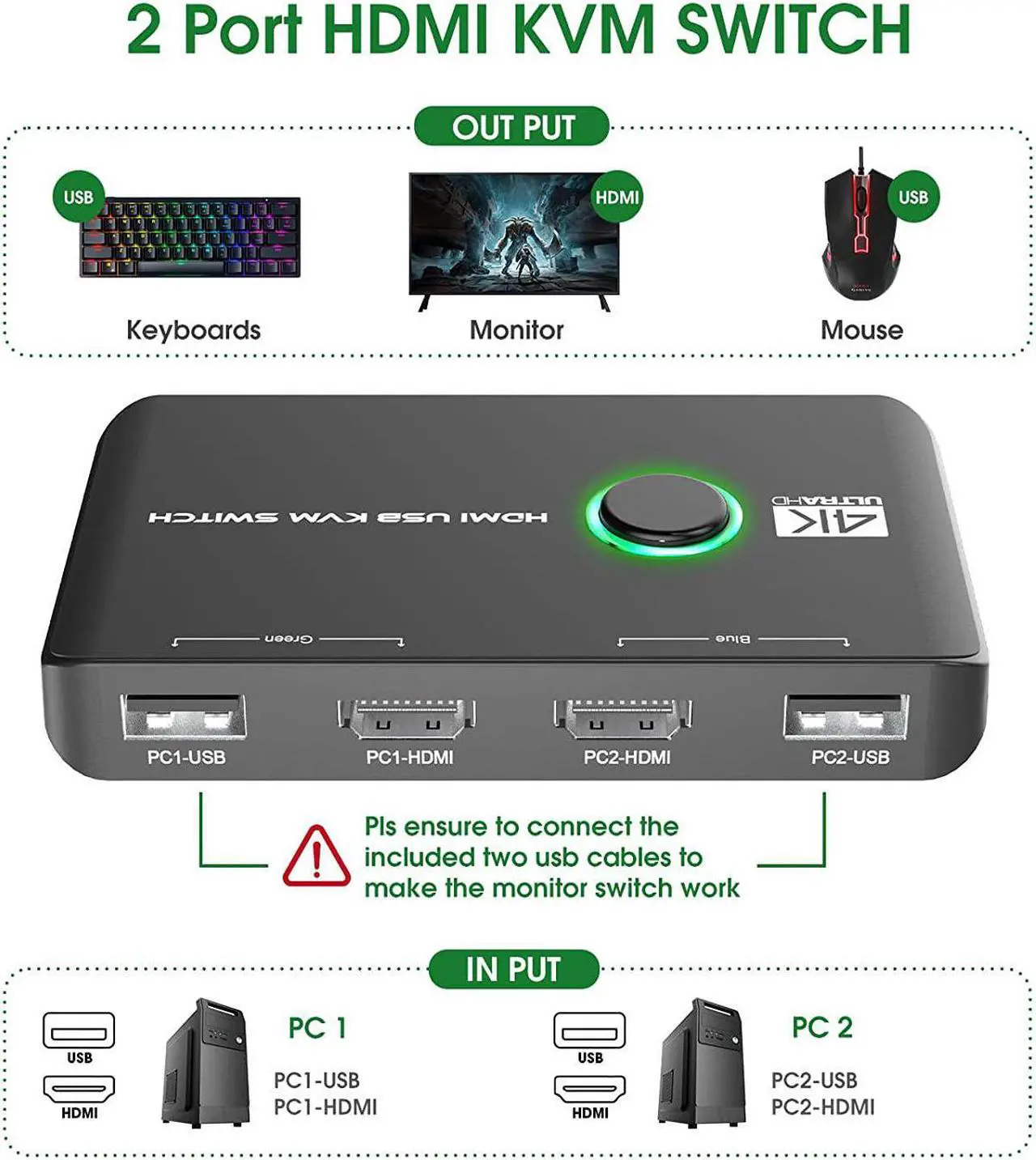 Alt view image 2 of 7 - 4K KVM Switch HDMI 2 Port Box, USB HDMI Switches for 2 Computers Share Keyboard Mouse Printer and one HD Monitor, Support 4K@60Hz, with 2 USB Cables and 2 HDMI Cables