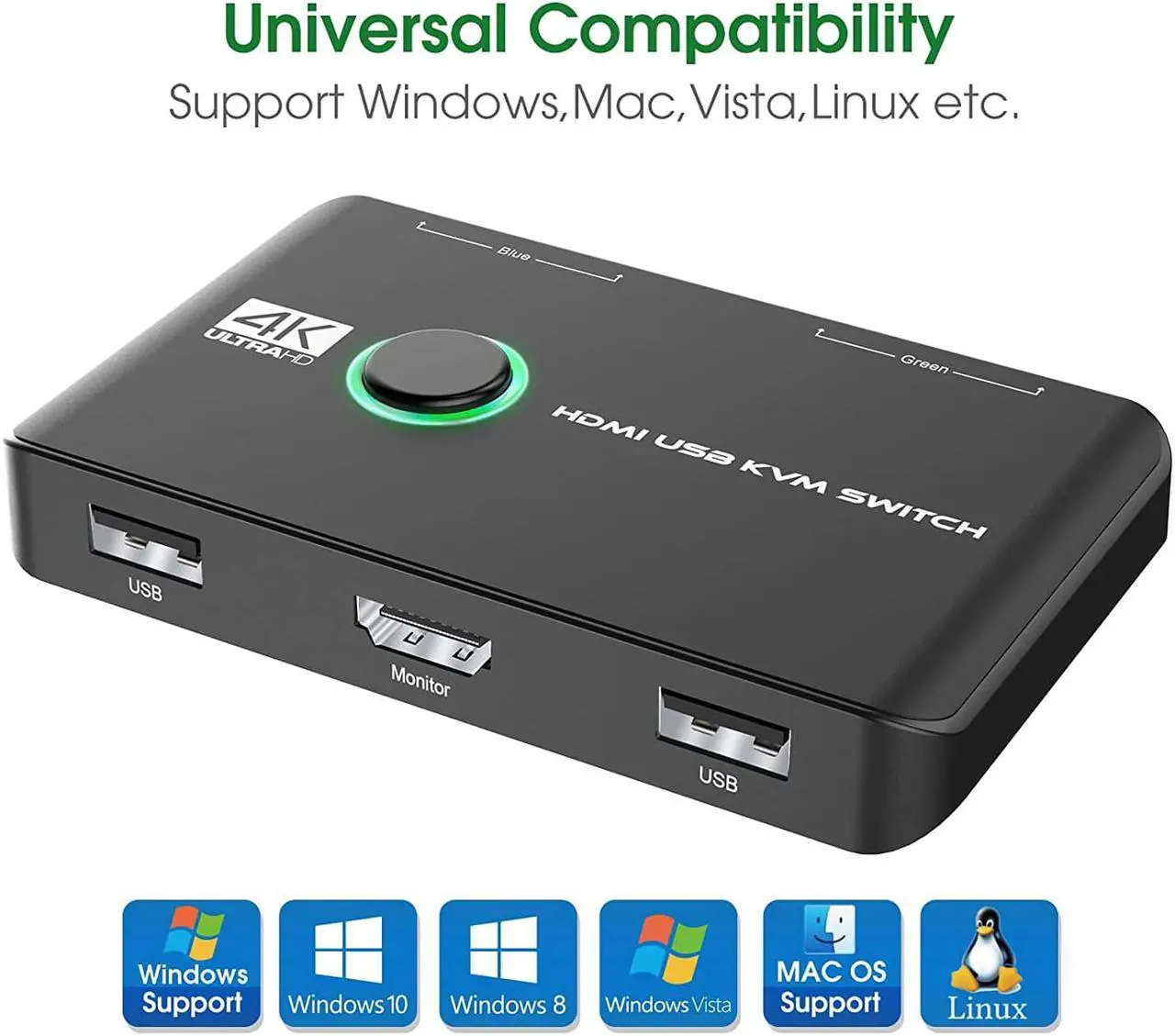 Alt view image 4 of 7 - 4K KVM Switch HDMI 2 Port Box, USB HDMI Switches for 2 Computers Share Keyboard Mouse Printer and one HD Monitor, Support 4K@60Hz, with 2 USB Cables and 2 HDMI Cables