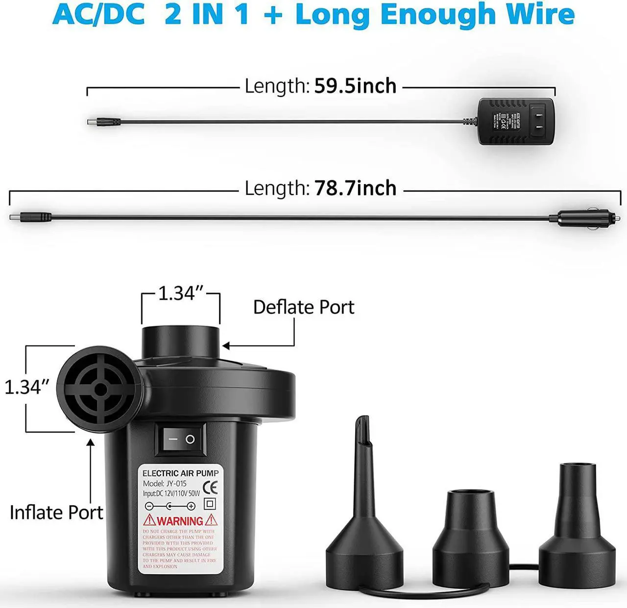 Alt view image 4 of 7 - Electric Air Pump for Inflatables,Portable Quick-Fill Air Pump with 3 Nozzles,110V AC/12V DC,Inflator & Deflator Pumps for Outdoor Camping,Air Mattress Beds,Boats,Inflatable Cushion,Couch,Pool Floats