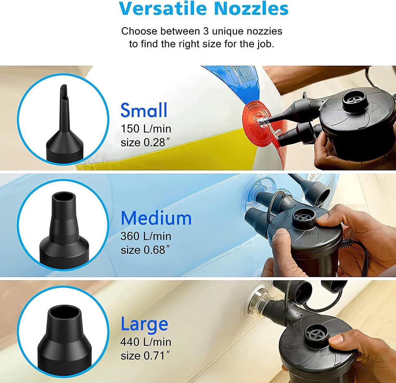 Alt view image 5 of 7 - Electric Air Pump for Inflatables,Portable Quick-Fill Air Pump with 3 Nozzles,110V AC/12V DC,Inflator & Deflator Pumps for Outdoor Camping,Air Mattress Beds,Boats,Inflatable Cushion,Couch,Pool Floats
