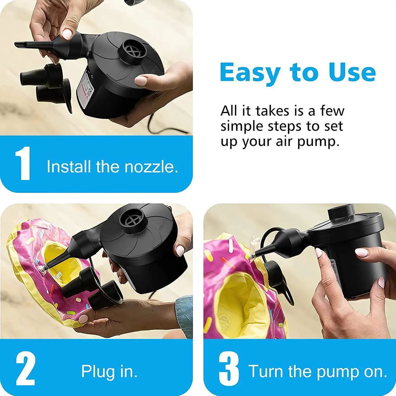 Alt view image 6 of 7 - Electric Air Pump for Inflatables,Portable Quick-Fill Air Pump with 3 Nozzles,110V AC/12V DC,Inflator & Deflator Pumps for Outdoor Camping,Air Mattress Beds,Boats,Inflatable Cushion,Couch,Pool Floats