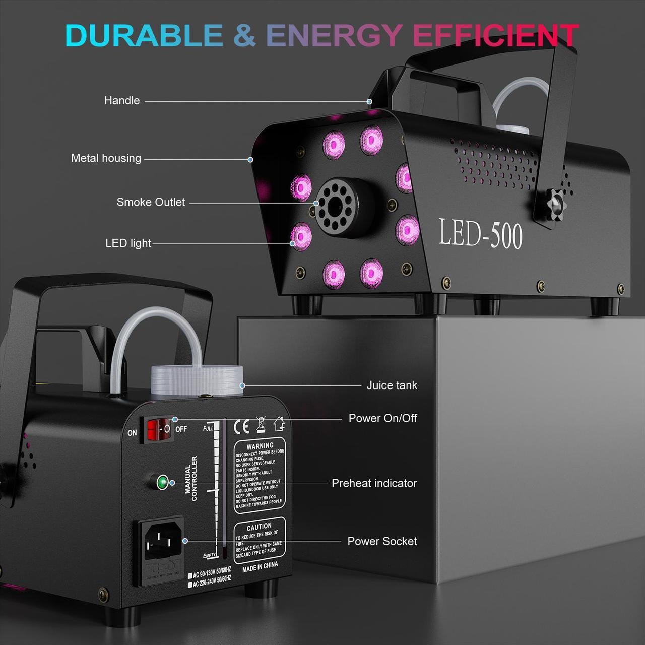 Alt view image 3 of 7 - Smoke Machine, Fog Machine Halloween Outdoor- 8 Stage LED Lights with 13 Colors & Strobe Effect, Automatic Smoke Machine for Party Wedding Holiday, 500W with Receiver and Wireless Remote Controls