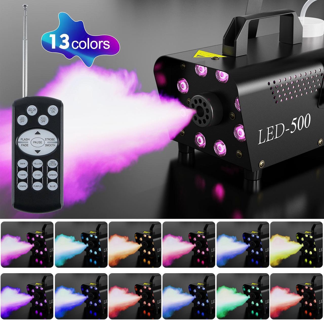 Alt view image 2 of 7 - Smoke Machine, Fog Machine Halloween Outdoor- 8 Stage LED Lights with 13 Colors & Strobe Effect, Automatic Smoke Machine for Party Wedding Holiday, 500W with Receiver and Wireless Remote Controls