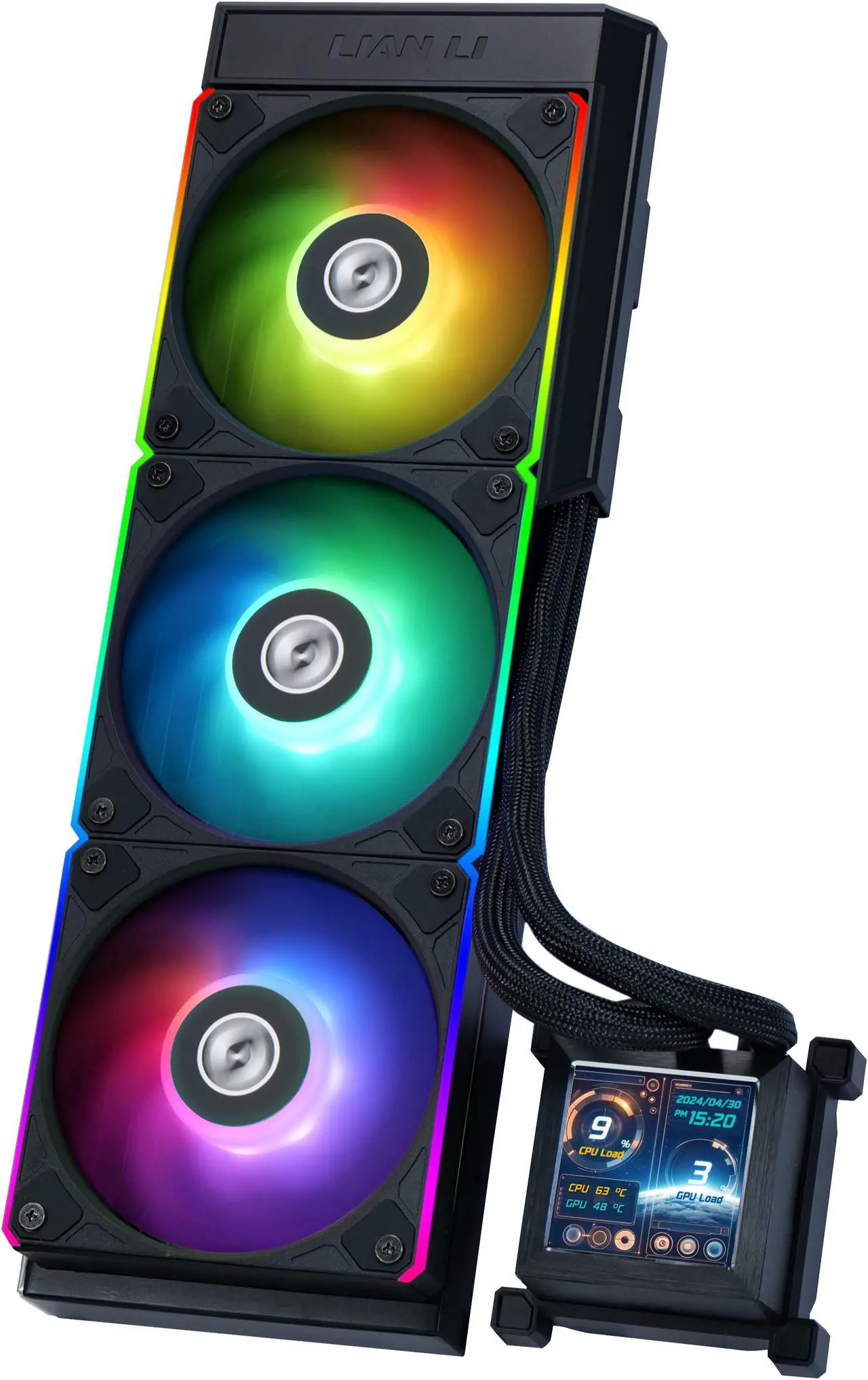 Main image of Lian Li Hydroshift 360 AIO - Pre-installed 3 x ARGB fans - Side-Mounted Coolant Pathway - 2.88” LCD Screen - 480 × 480 Resolution - Captured Screenshots or Recorded Videos Shift AIO - Black (HSLCD36RB)