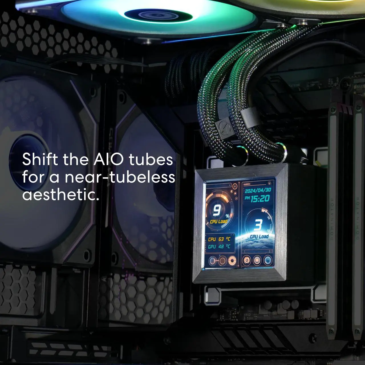 Alt view image 3 of 8 - Lian Li Hydroshift 360 AIO - Pre-installed 3 x ARGB fans - Side-Mounted Coolant Pathway - 2.88” LCD Screen - 480 × 480 Resolution - Captured Screenshots or Recorded Videos Shift AIO - Black (HSLCD36RB)