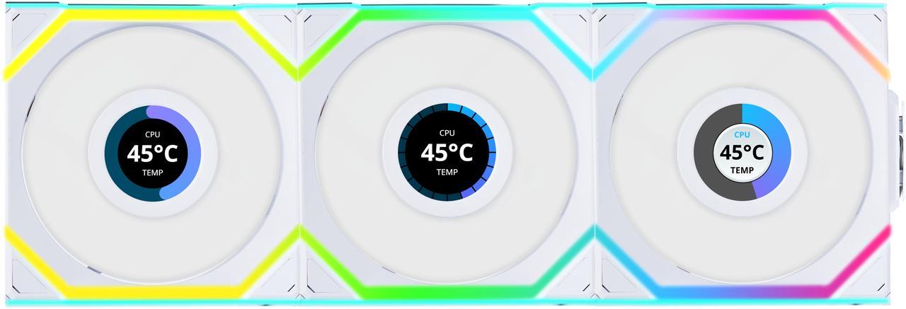 Main image of Lian Li UNI Fan SL - LCD Wireless 120 - Triple Pack - ARGB Fan - 1.6" LCD Display - 2.4 GHz Wireless Controller included and required for use. - White (12SLLCD1W3W)