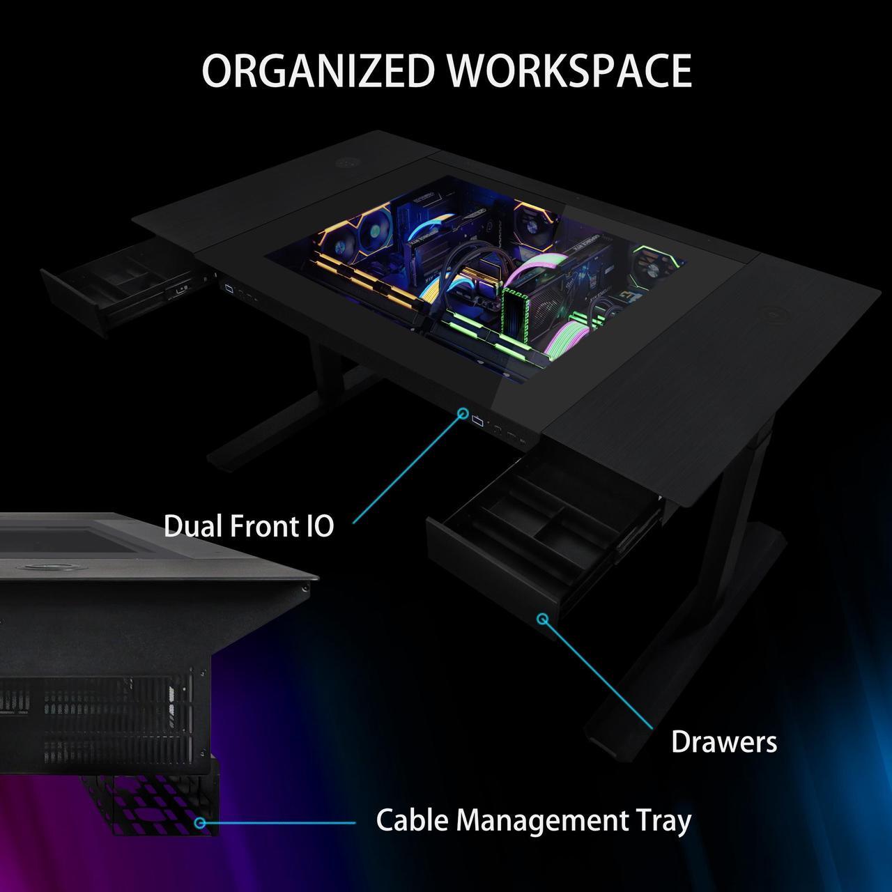 Alt view image 3 of 11 - Lian Li Motorized Standing Desk DK-07X : Dual E-ATX Support, Wireless Charging & USB Ports for Ultimate Workflow - Versatile Motorized Desk - Cable Management --  DK07X