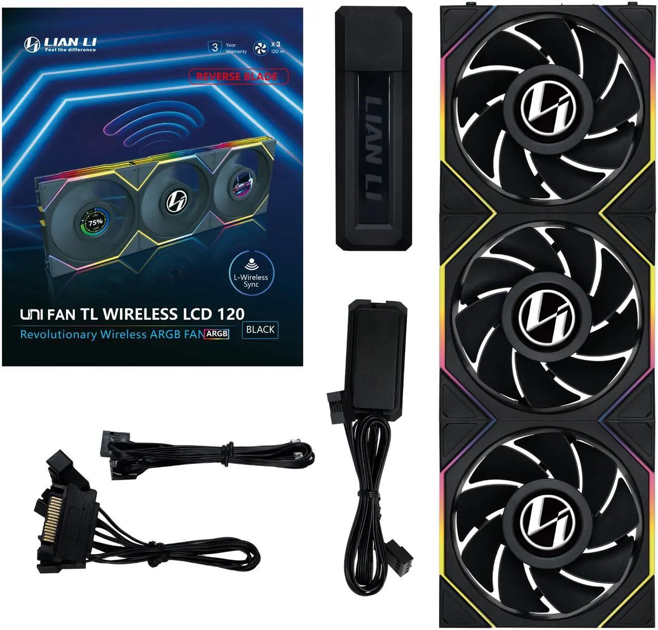 Alt view image 7 of 7 - Lian Li UNI Fan TL LCD 120 Wireless - Triple Pack (Reverse Blade ) - 2.4 GHz Wireless Controller Included - Infinity Mirror Design - LCD Display - Controller required. - Black 12RTLLCD1W3B)