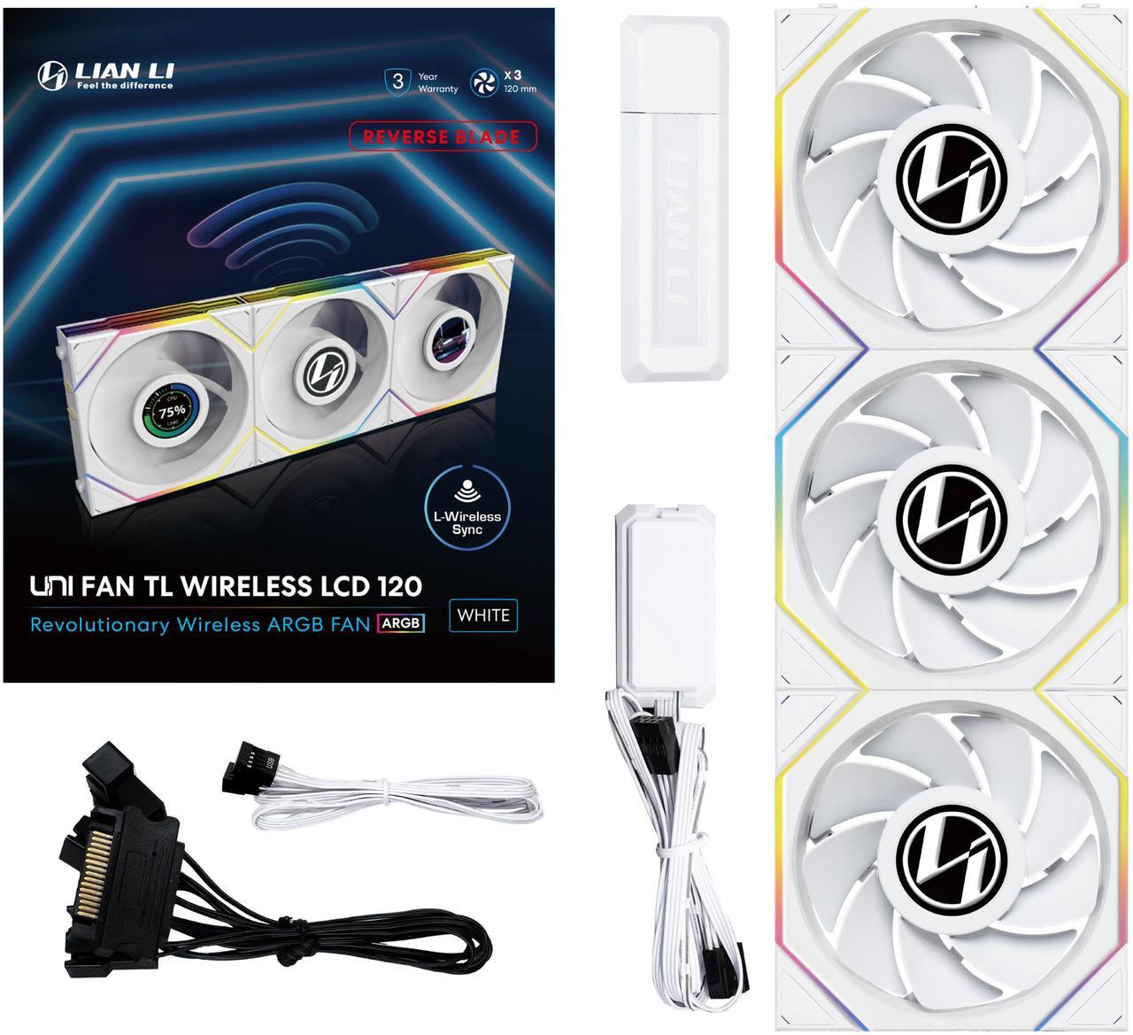 Alt view image 7 of 7 - Lian Li UNI Fan REVERSE BLADE TL LCD 120 Wireless - Seamless Wireless Control Fan w/LCD Screen - LCP Fan Blade - Daisy-Chained Style - Triple Pack with Controller - White (12RTLLCD1W3W)