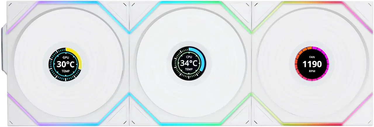 Alt view image 3 of 7 - Lian Li UNI Fan REVERSE BLADE TL LCD 120 Wireless - Seamless Wireless Control Fan w/LCD Screen - LCP Fan Blade - Daisy-Chained Style - Triple Pack with Controller - White (12RTLLCD1W3W)