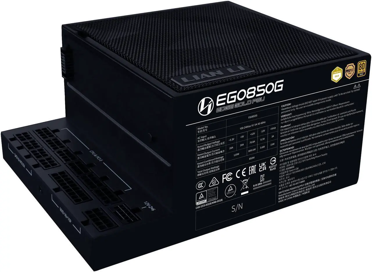 Alt view image 3 of 7 - Lian Li Edge Series - 850W Full Modular Power Supply - Gold - ATX 3.1 - PCIE 5.1 Support - 12V-2x6 Connector - L-Shape Design for Dual Chamer Case - Without USB/Fan Hub -Black -- EG0850G Black
