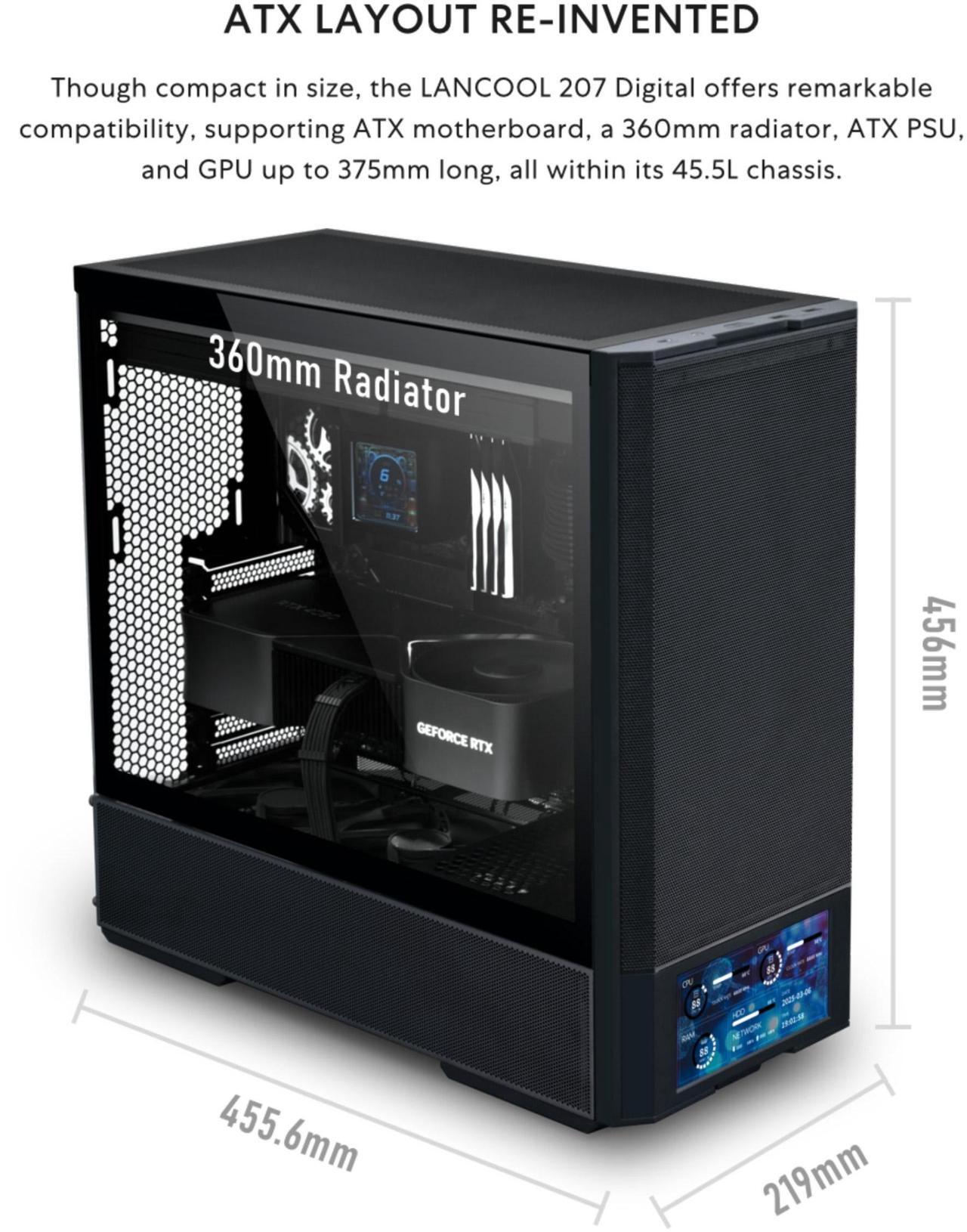 Alt view image 7 of 8 - Lian Li LANCOOL 207 Digital ATX Computer Case w/ Integrated LCD Screen, Mesh-Centric Panels Mid-Tower PC Case w/ 2 x 140x40x30mm PWM Fans, 2 x 140mm Fans Pre-Installed, Side or Rear Mount PSU