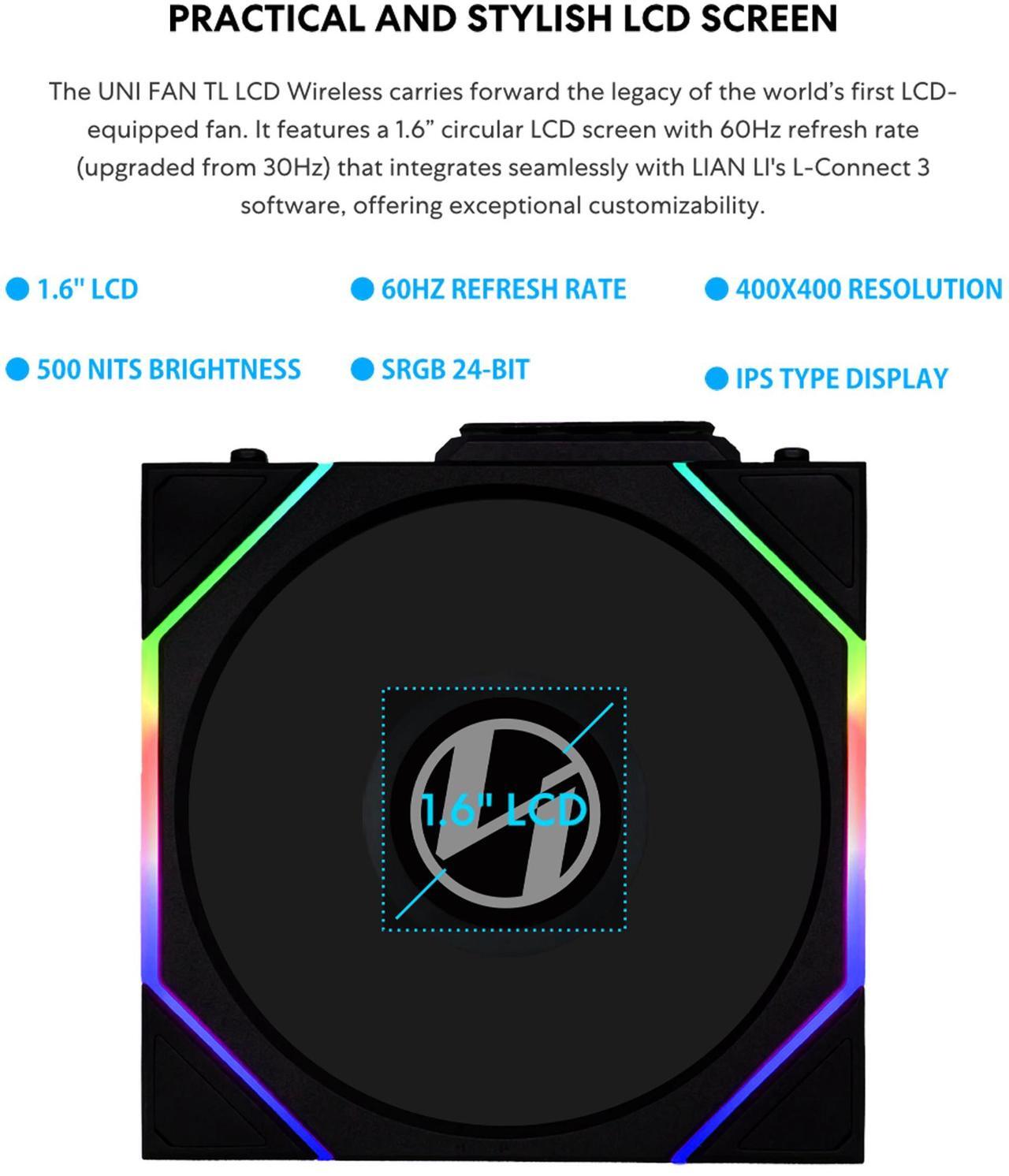 Alt view image 3 of 7 - Lian Li UNI Fan TL - LCD Wireless 140 - Single Pack (Reverse Blade) - 2.4 GHz Wireless Signal ARGB Fan & Dual-Zone Lighting Control - 140mm  - Controller NOT Included & Required -Black (14RTLLCD1W1B)