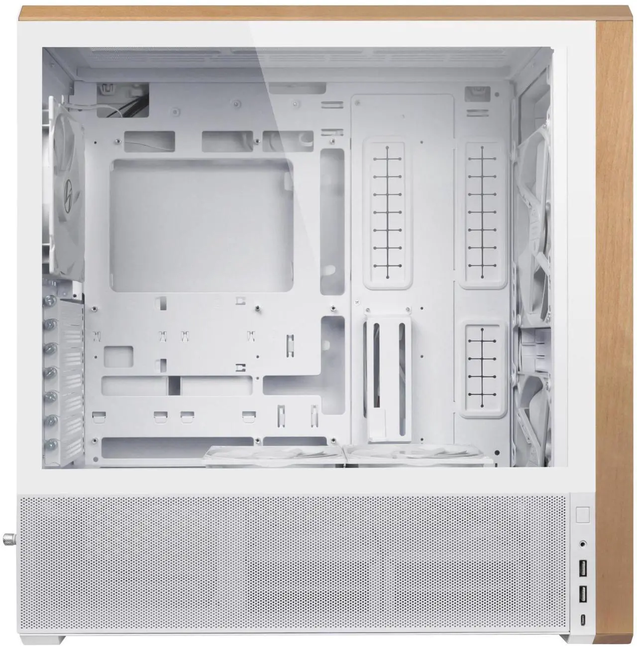 Alt view image 4 of 7 - Lian Li LANCOOL 217 Genuine Walnut Wood Computer Case,  Mid-Tower ATX PC Case with 5 Pre-Installed PWM Fans 2x170mm, 2x120mm & 1x140mm, Flexible PSU & Cable Installation - White (LAN217W)