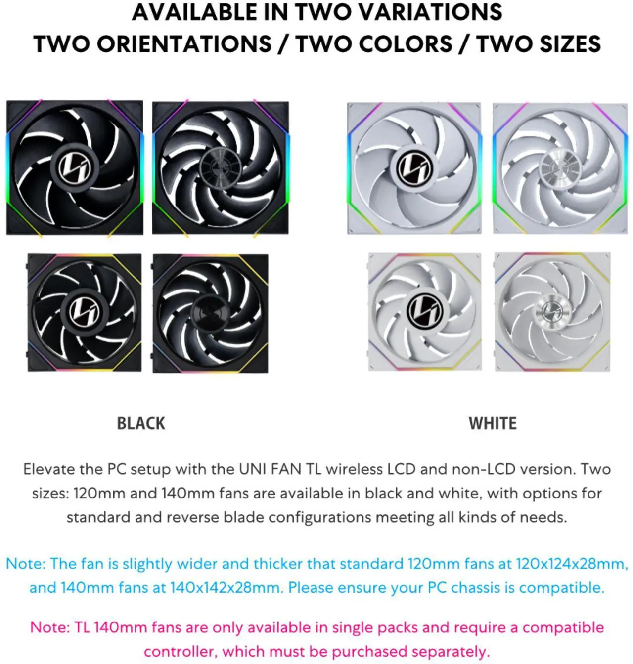 Alt view image 2 of 7 - Lian Li UNI Fan TL - Wireless 140 - Single Pack (Reverse Blade) -  2.4 GHz Wireless Signal ARGB Fan Control - Dual-Zone Lighting - FDB - 140mm - Controller NOT Included & Required - Black (14RTL1W1B)