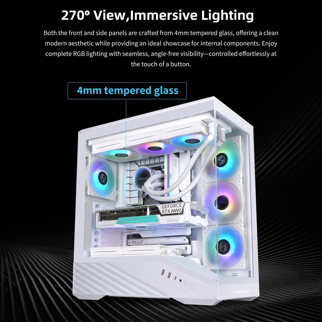 Alt view image 3 of 8 - Lian Li V100 ATX Mid-Tower PC Case, 4 x 120mm ARGB PWM Fans  Pre-Installed, LED RGB Strip, Display Platform with Tempered Glass, Support 420mm GPUs, 360mm Radiator, Optimized Airflow - White (V100RW)