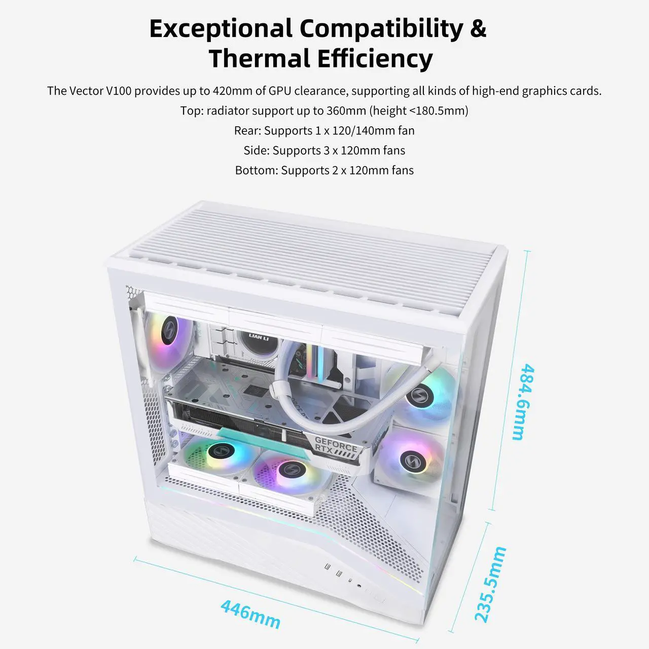 Alt view image 2 of 8 - Lian Li V100 ATX Mid-Tower PC Case, 4 x 120mm ARGB PWM Fans  Pre-Installed, LED RGB Strip, Display Platform with Tempered Glass, Support 420mm GPUs, 360mm Radiator, Optimized Airflow - White (V100RW)