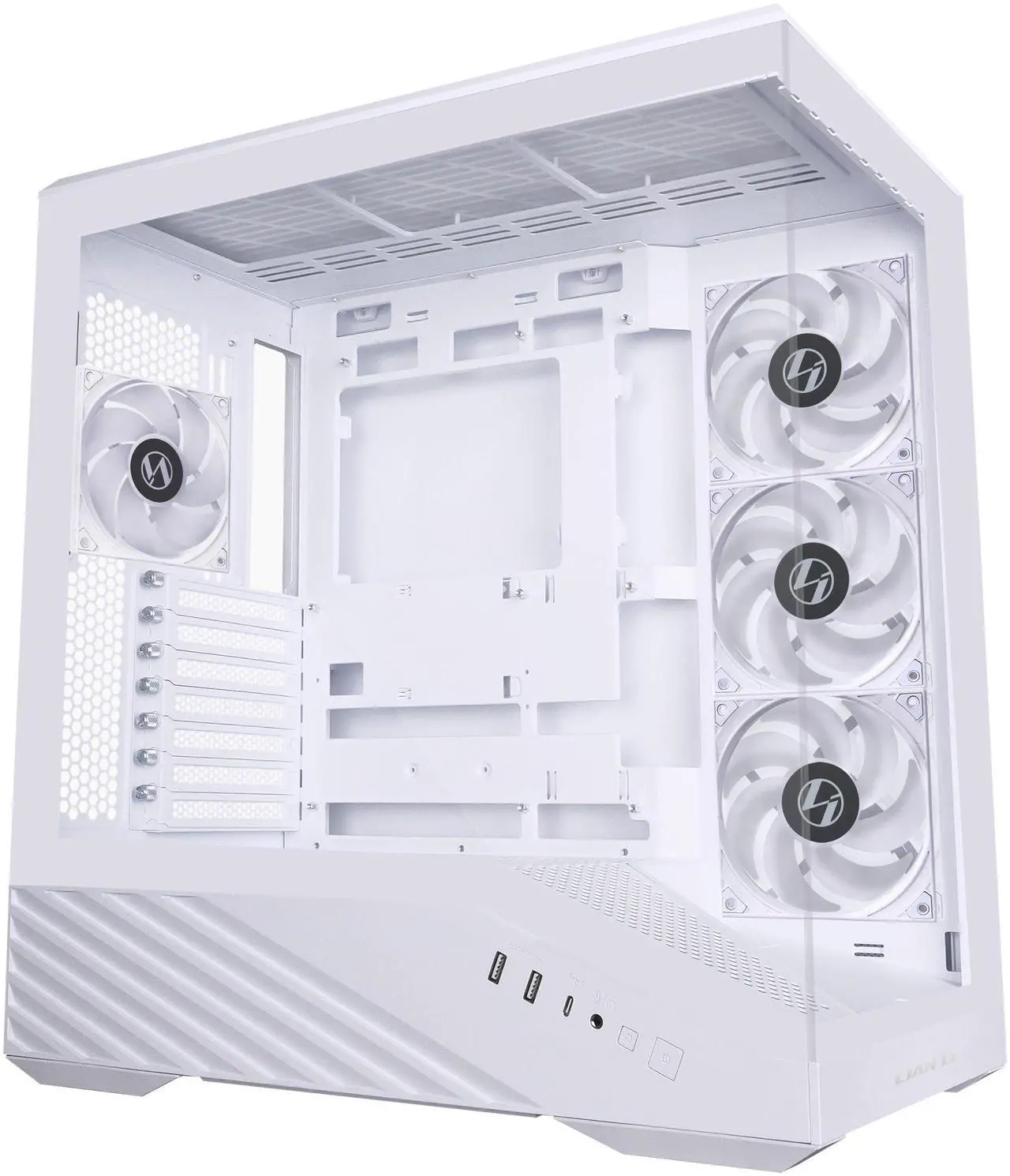 Main image of Lian Li V100 ATX Mid-Tower PC Case, 4 x 120mm ARGB PWM Fans  Pre-Installed, LED RGB Strip, Display Platform with Tempered Glass, Support 420mm GPUs, 360mm Radiator, Optimized Airflow - White (V100RW)