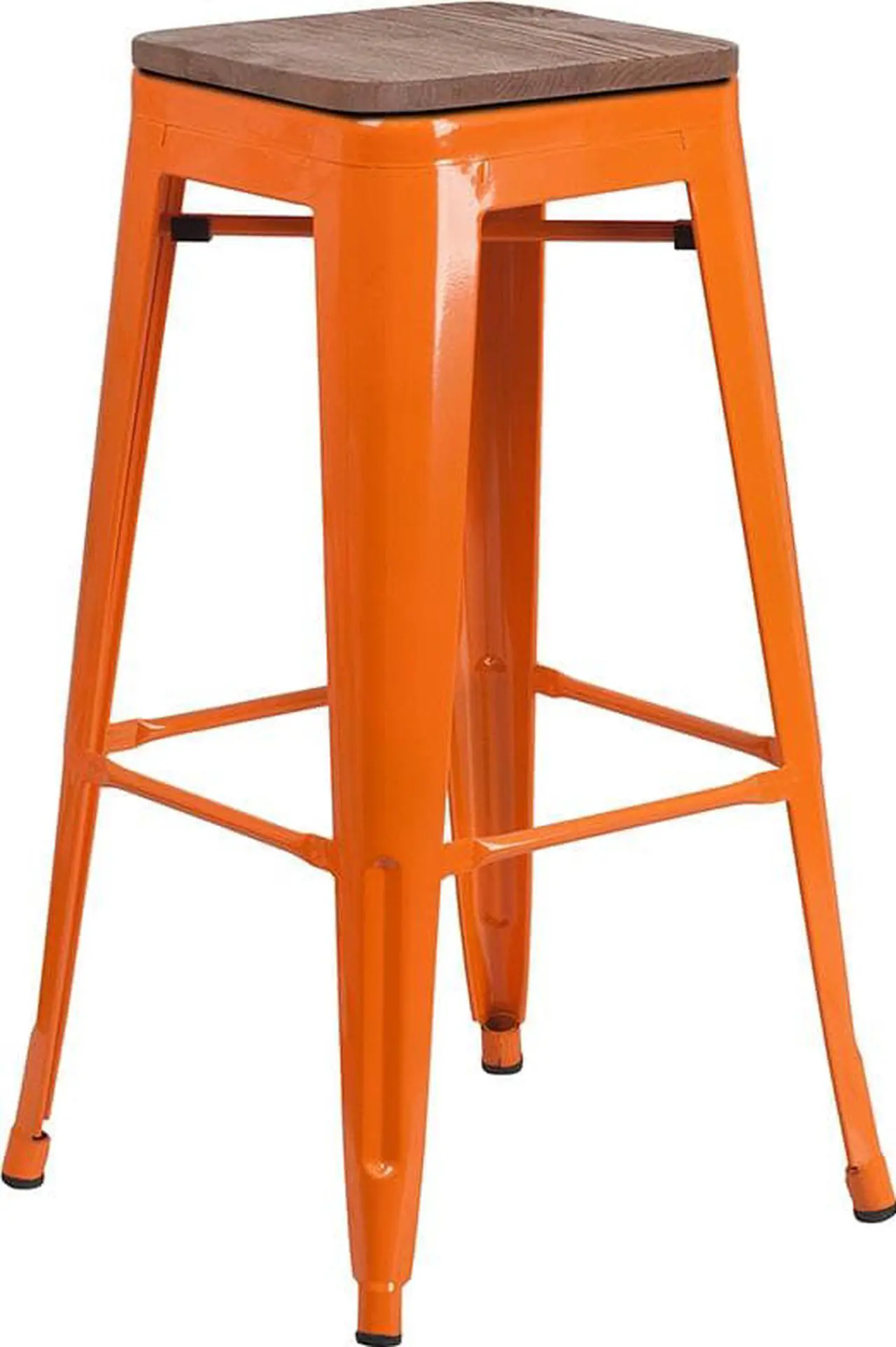 Alt view image 4 of 20 - 30" High Backless Orange Metal Barstool with Square Wood Seat