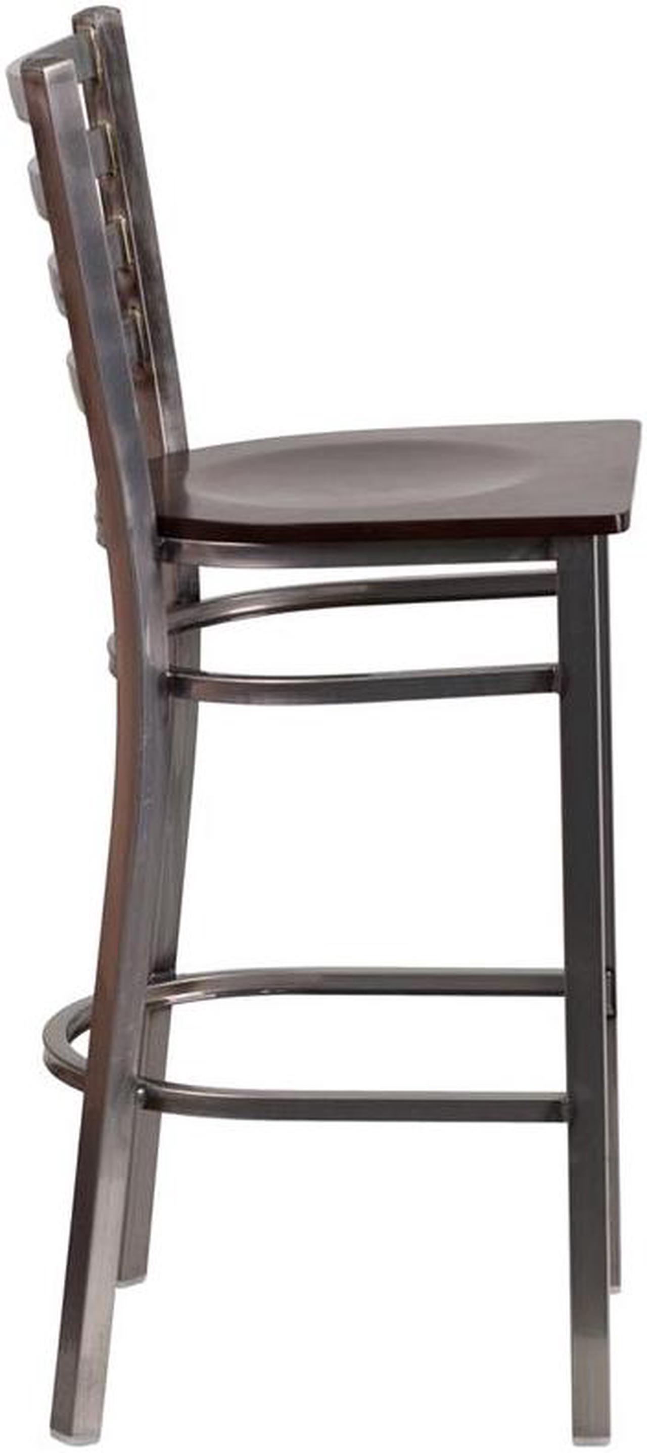 Alt view image 11 of 20 - HERCULES Series Clear Coated Ladder Back Metal Restaurant Barstool - Walnut Wood Seat