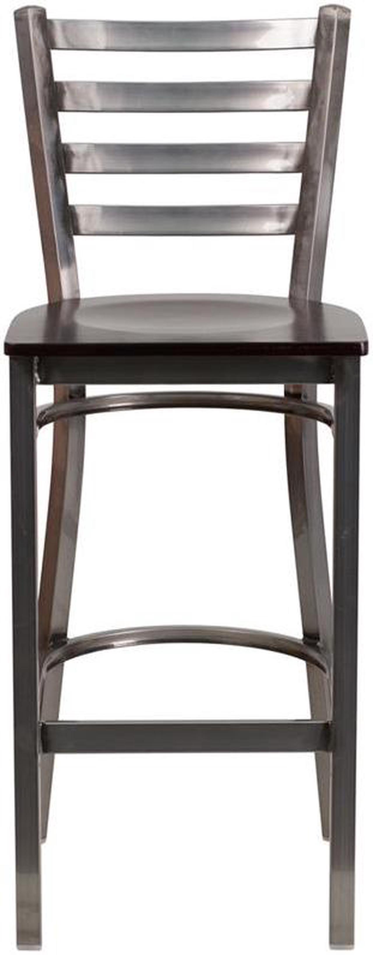 Alt view image 13 of 20 - HERCULES Series Clear Coated Ladder Back Metal Restaurant Barstool - Walnut Wood Seat