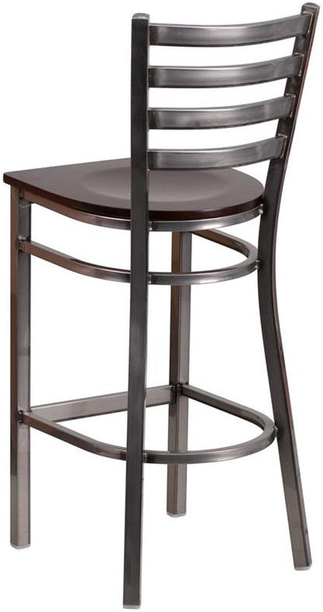 Alt view image 12 of 20 - HERCULES Series Clear Coated Ladder Back Metal Restaurant Barstool - Walnut Wood Seat