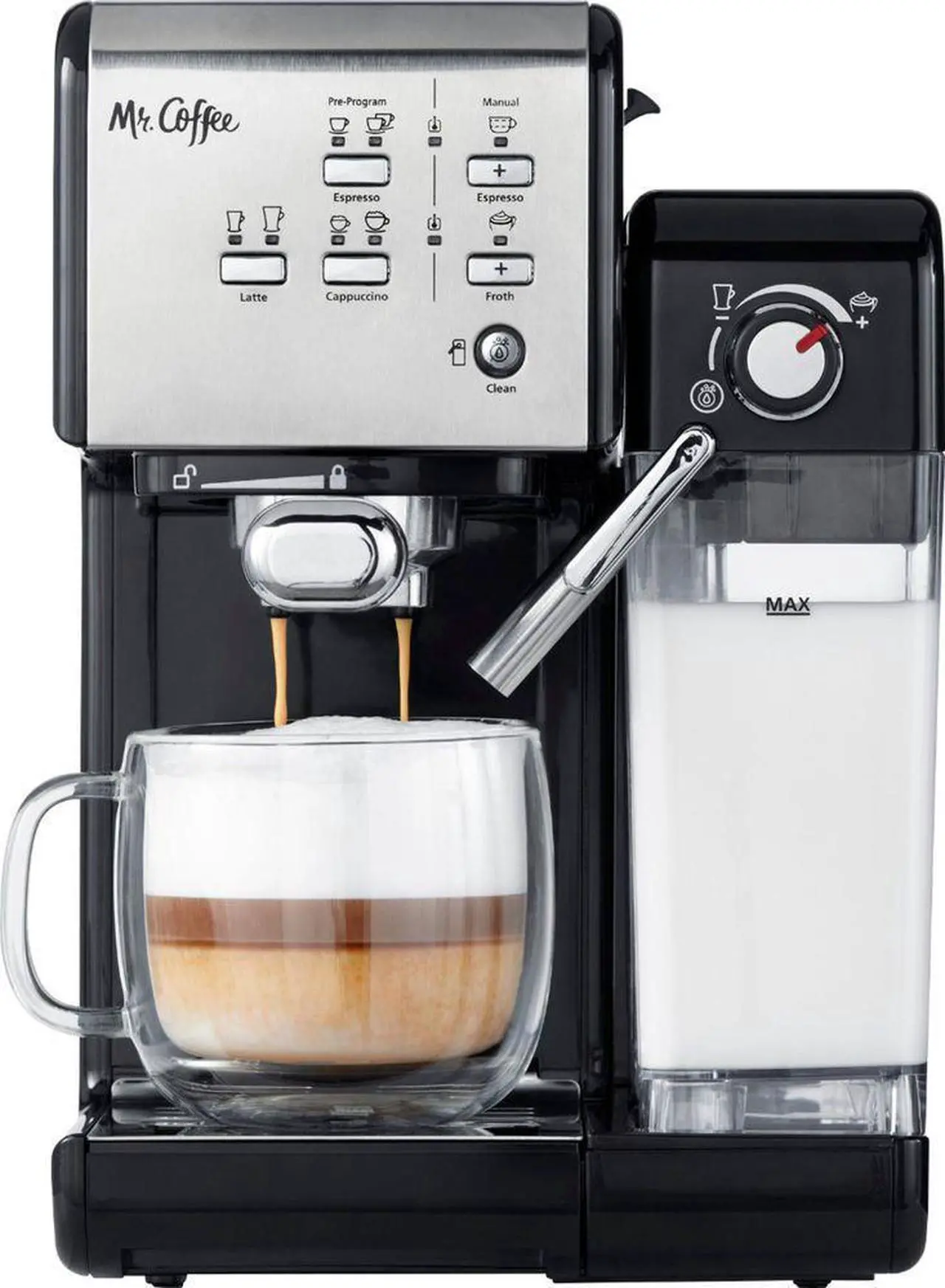 Alt view image 2 of 19 - Mr. Coffee Programmable Espresso & Cappuccino Machine with Automatic Milk Frother & 19-Bar Pump - Stainless Steel