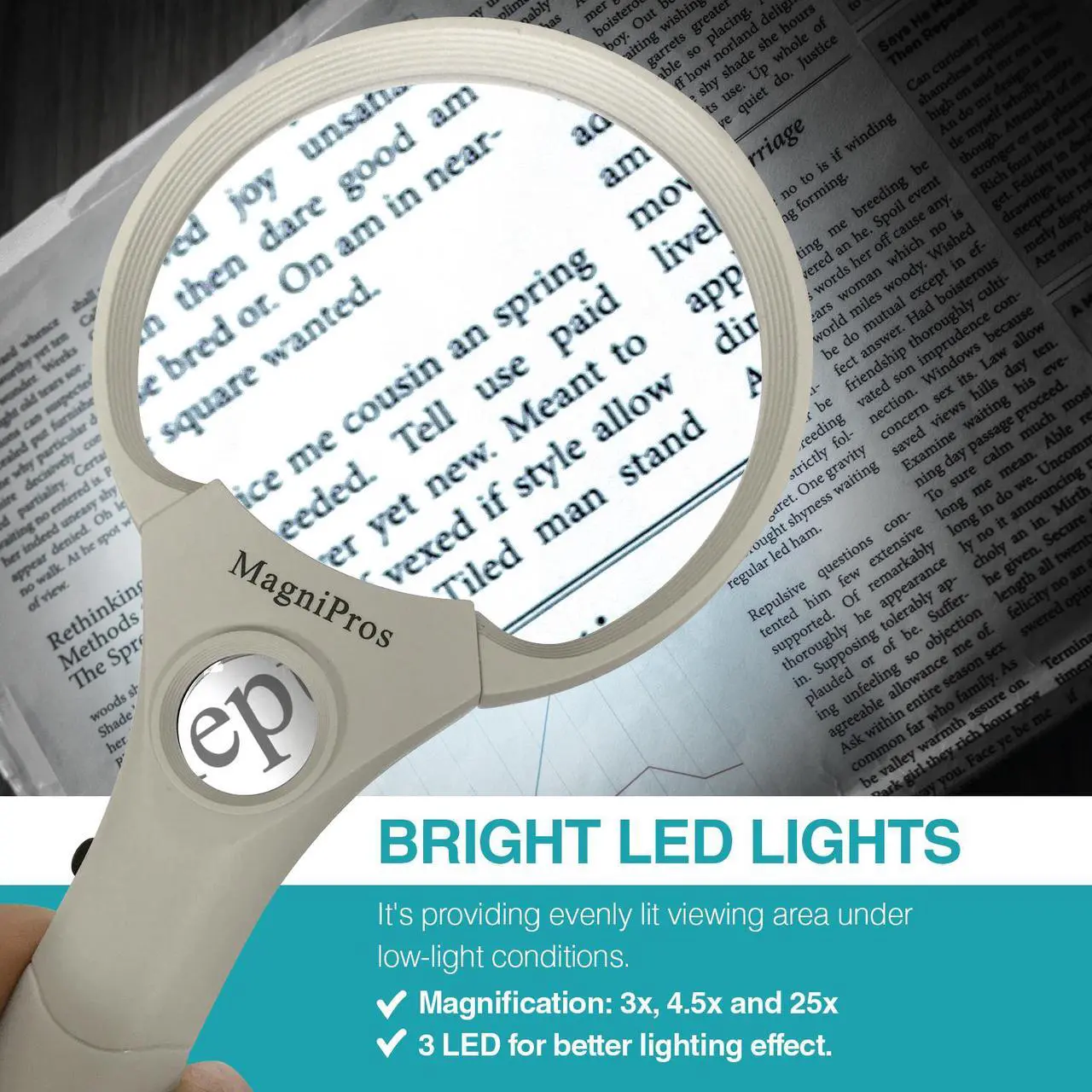 Alt view image 7 of 7 - MagniPros 3 Ultra Bright LED Lights 3X 4.5X 25X Power Handheld Reading Magnifying Glass with Light- Ideal for Reading Small Prints, Map, Coins, Inspection and Jewelry Loupe