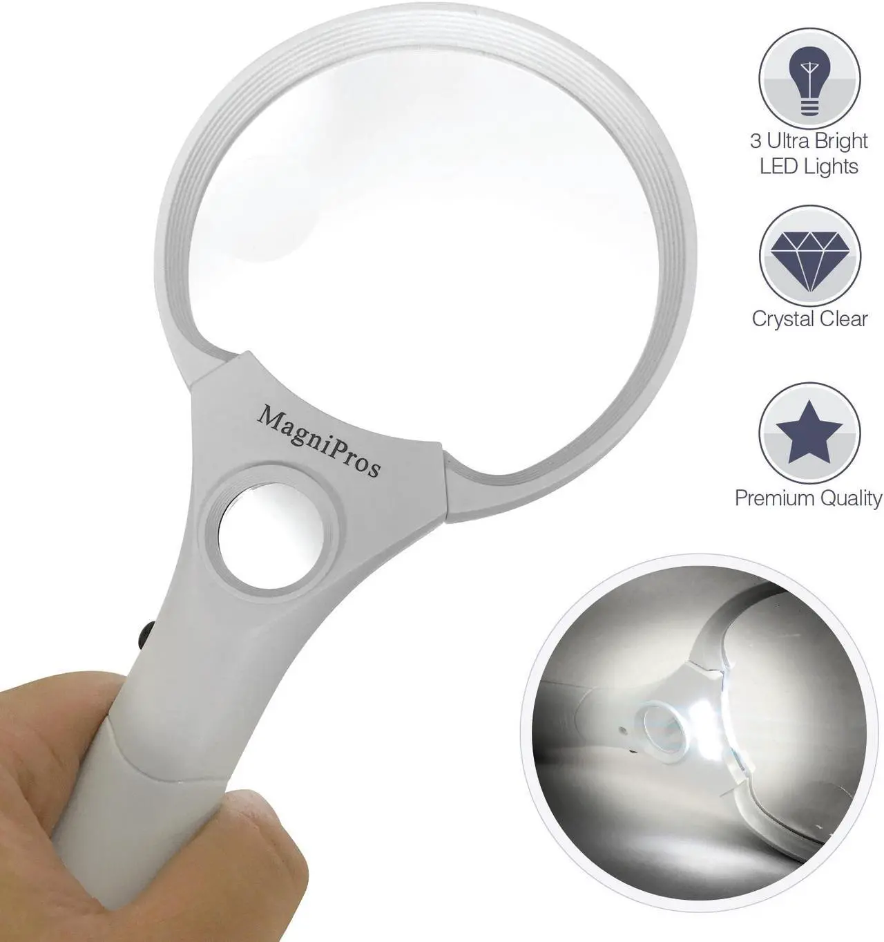 Main image of MagniPros 3 Ultra Bright LED Lights 3X 4.5X 25X Power Handheld Reading Magnifying Glass with Light- Ideal for Reading Small Prints, Map, Coins, Inspection and Jewelry Loupe