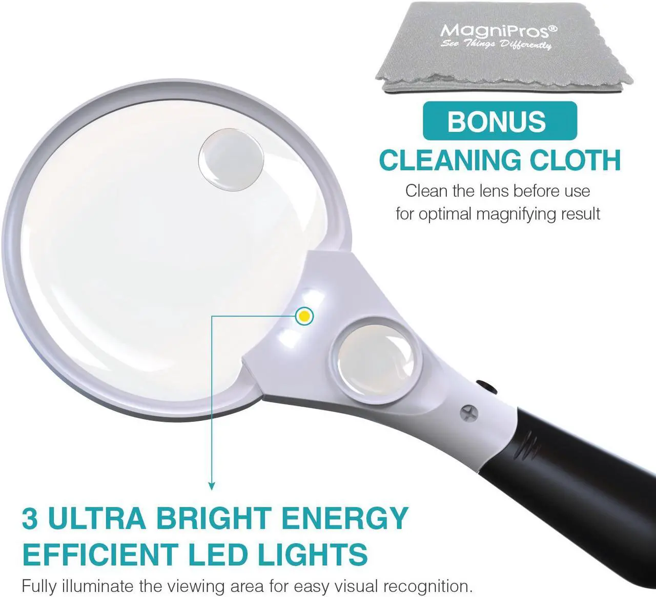 Alt view image 5 of 7 - MagniPros 3 Ultra Bright LED Lights 3X 4.5X 25X Power Handheld Reading Magnifying Glass with Light- Ideal for Reading Small Prints, Map, Coins, Inspection and Jewelry Loupe