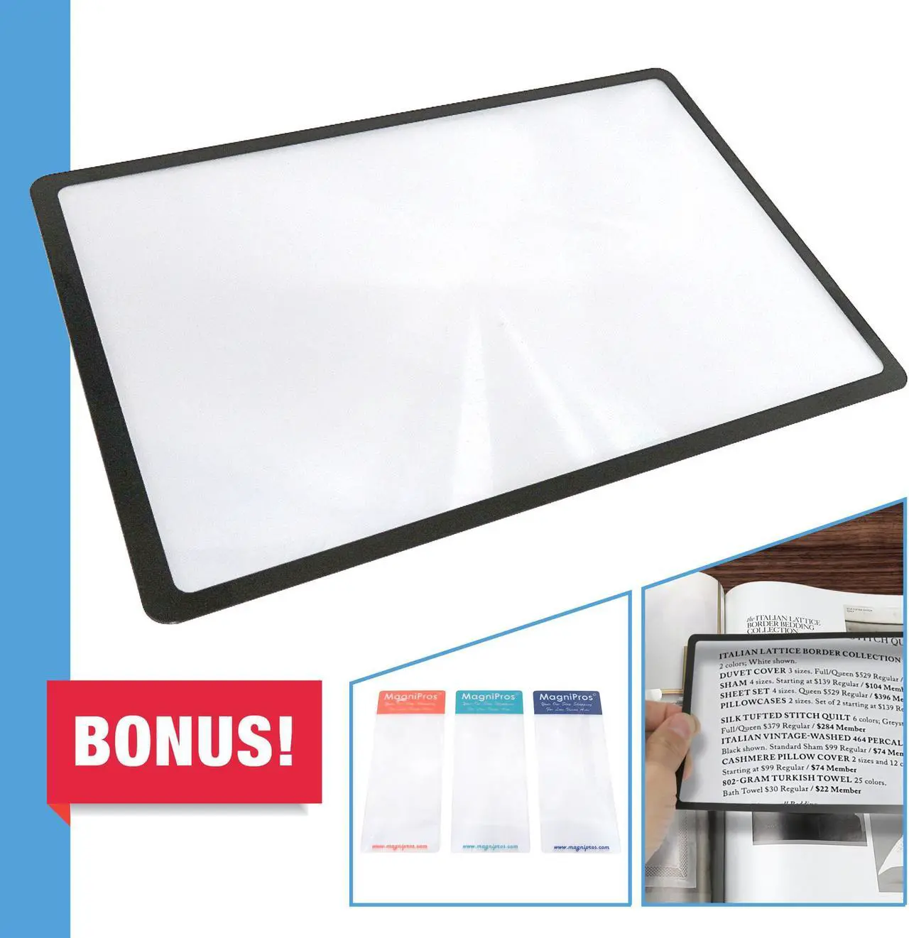 Main image of MagniPros Premium 3X (300%) Page Magnifying Lens With 3 Bonus Bookmark Magnifiers for Reading Small Prints, Low Vision Aids & Solar Projects